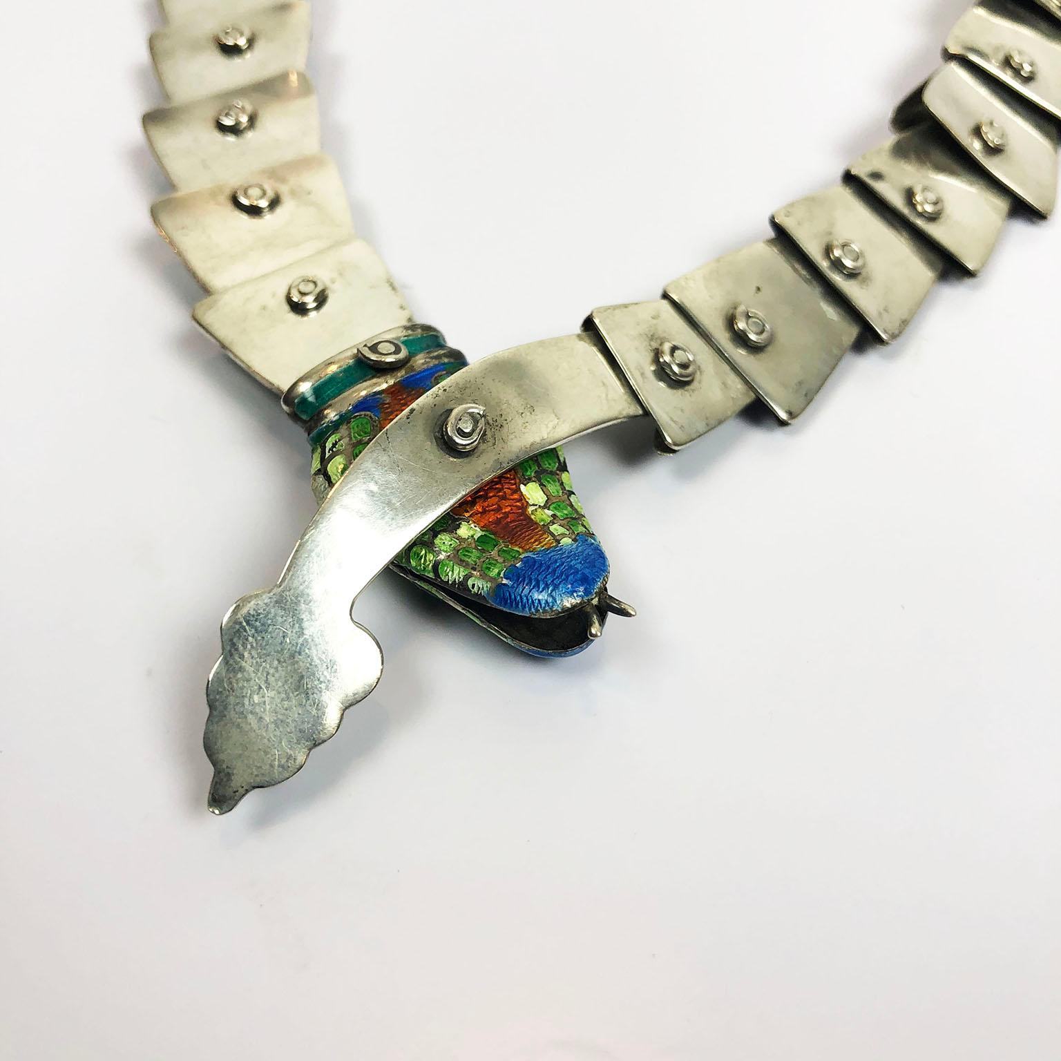 Reticulated Silver and Enamel Serpent Necklace and Bracelet by Jerónimo Fuentes 2