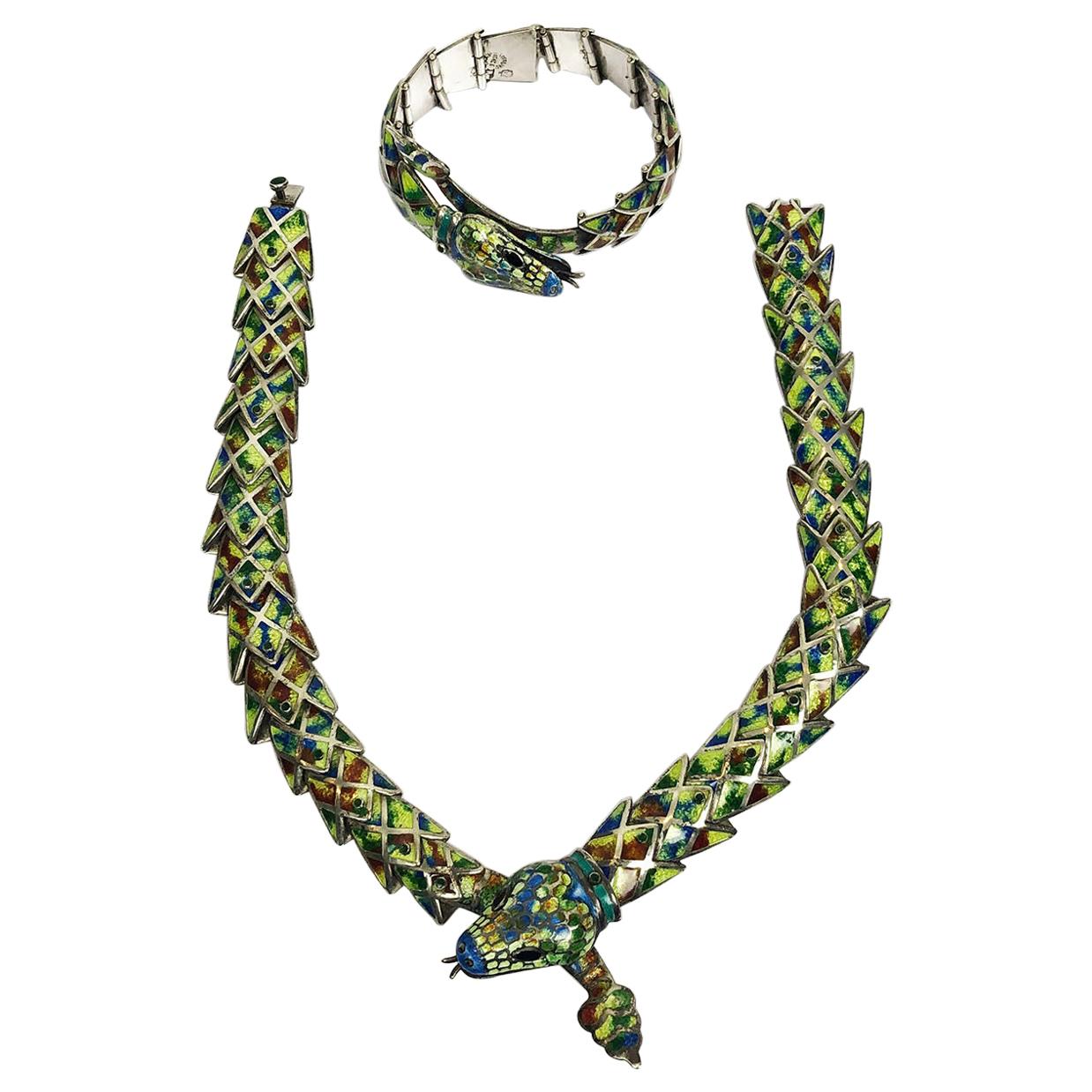 Reticulated Silver and Enamel Serpent Necklace and Bracelet by Jerónimo Fuentes