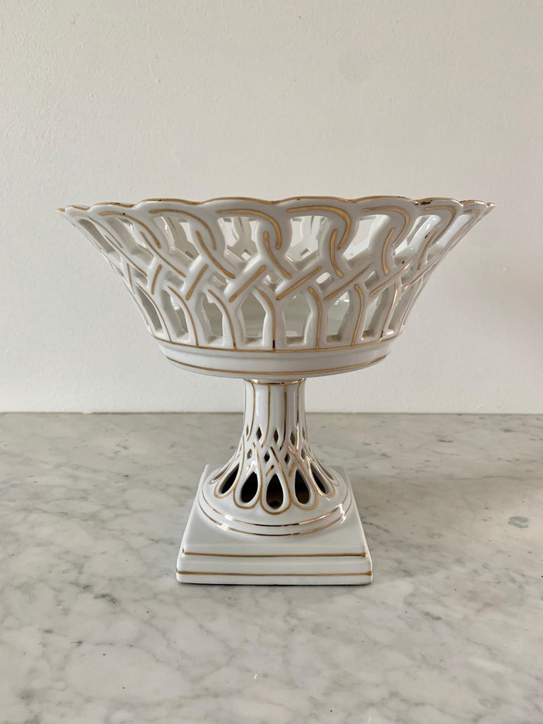 Reticulated White Porcelain and Gold Gilt Basket Compote For Sale at ...