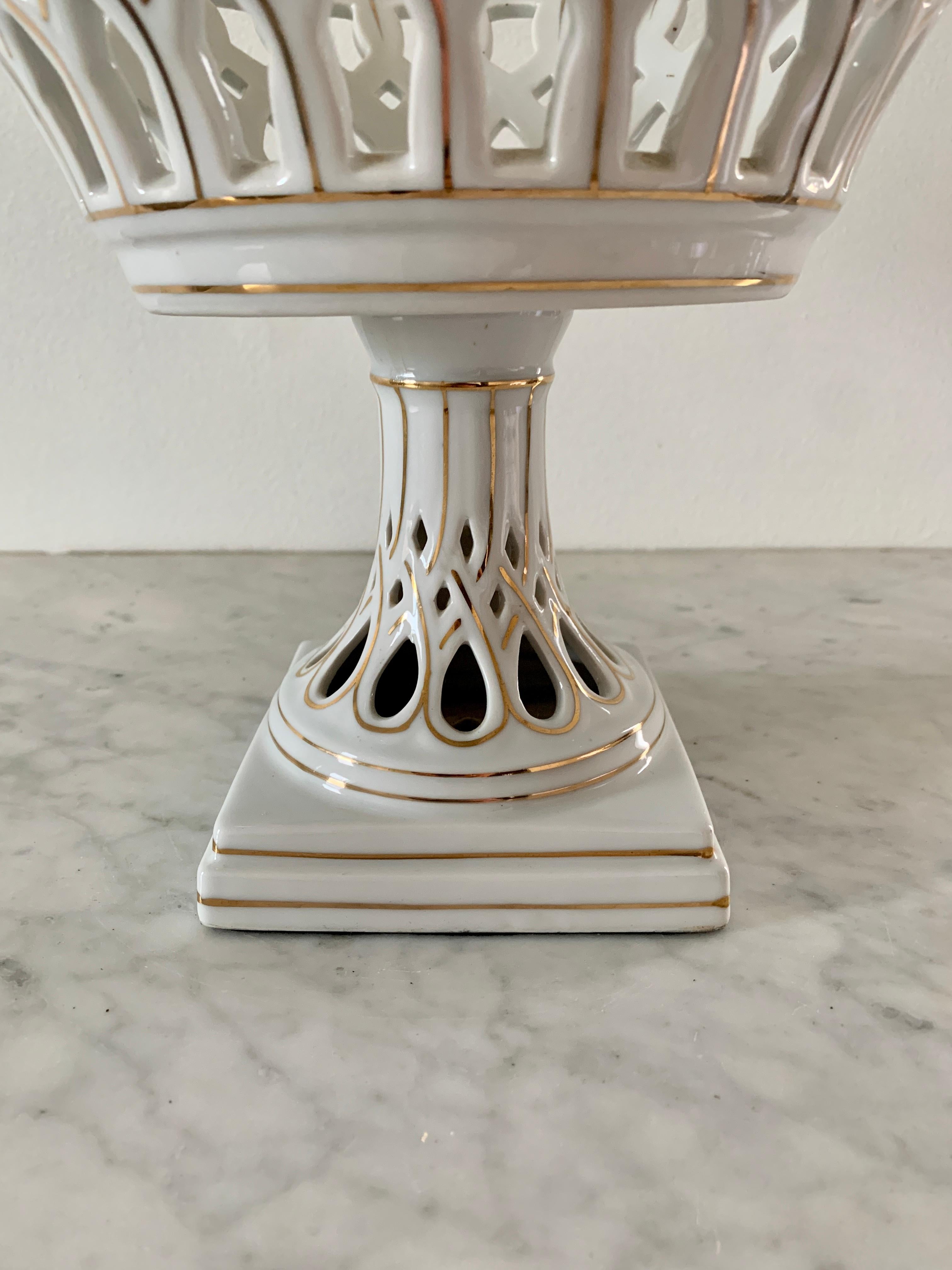 Regency Reticulated White Porcelain and Gold Gilt Basket Compote For Sale