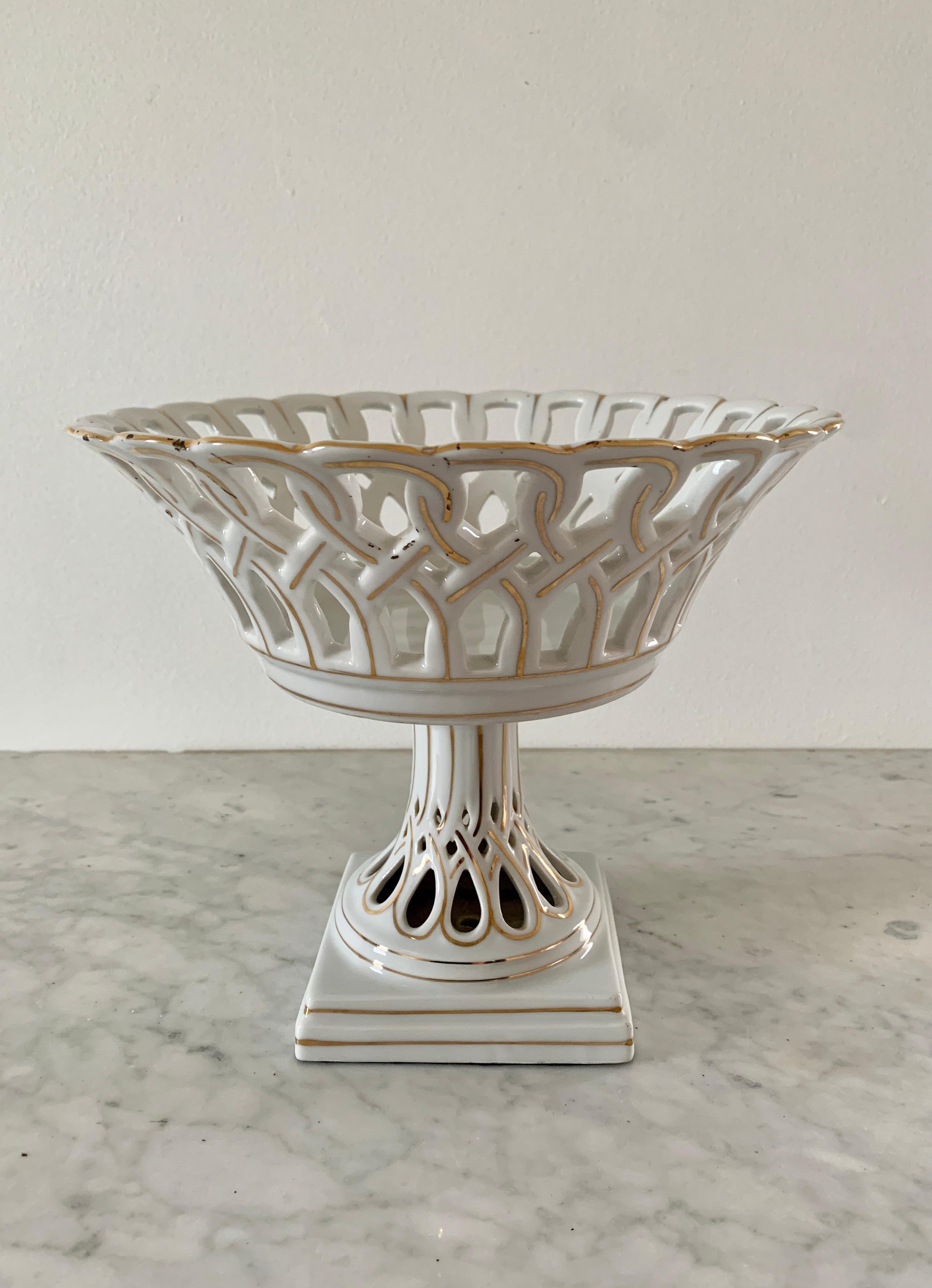 20th Century Reticulated White Porcelain and Gold Gilt Basket Compote For Sale