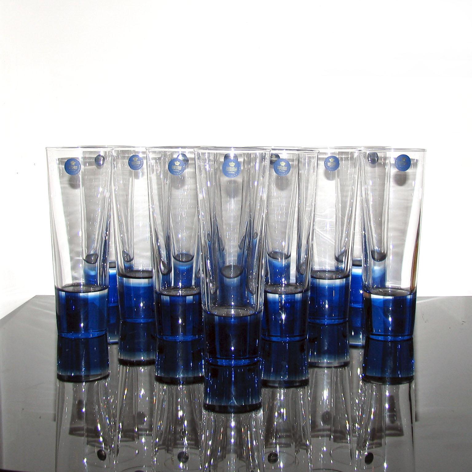 Danish Mid-Century Modern Blue Glasses, Design Anja Kjaer, Holmegaard, Royal Copenhagen