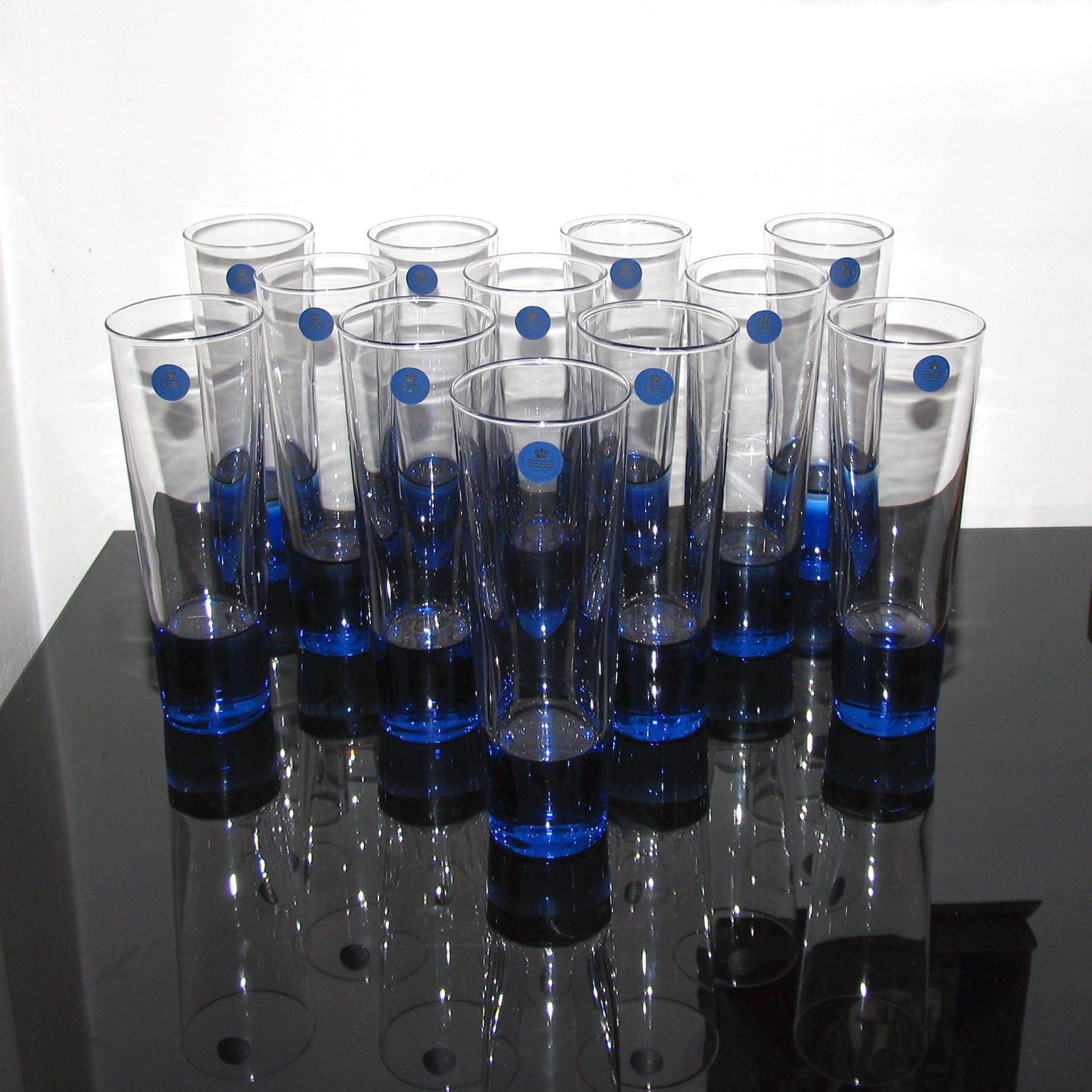 Blown Glass Mid-Century Modern Blue Glasses, Design Anja Kjaer, Holmegaard, Royal Copenhagen