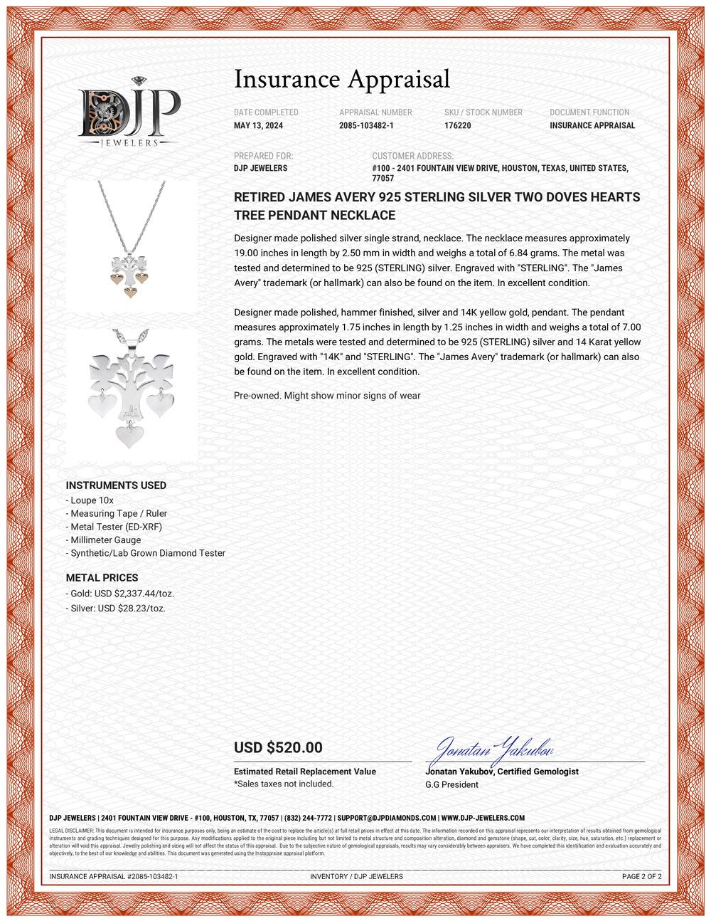 James Avery in pensione, collana in argento 925 con ciondolo a forma di albero con due colombe e cuori in vendita 2