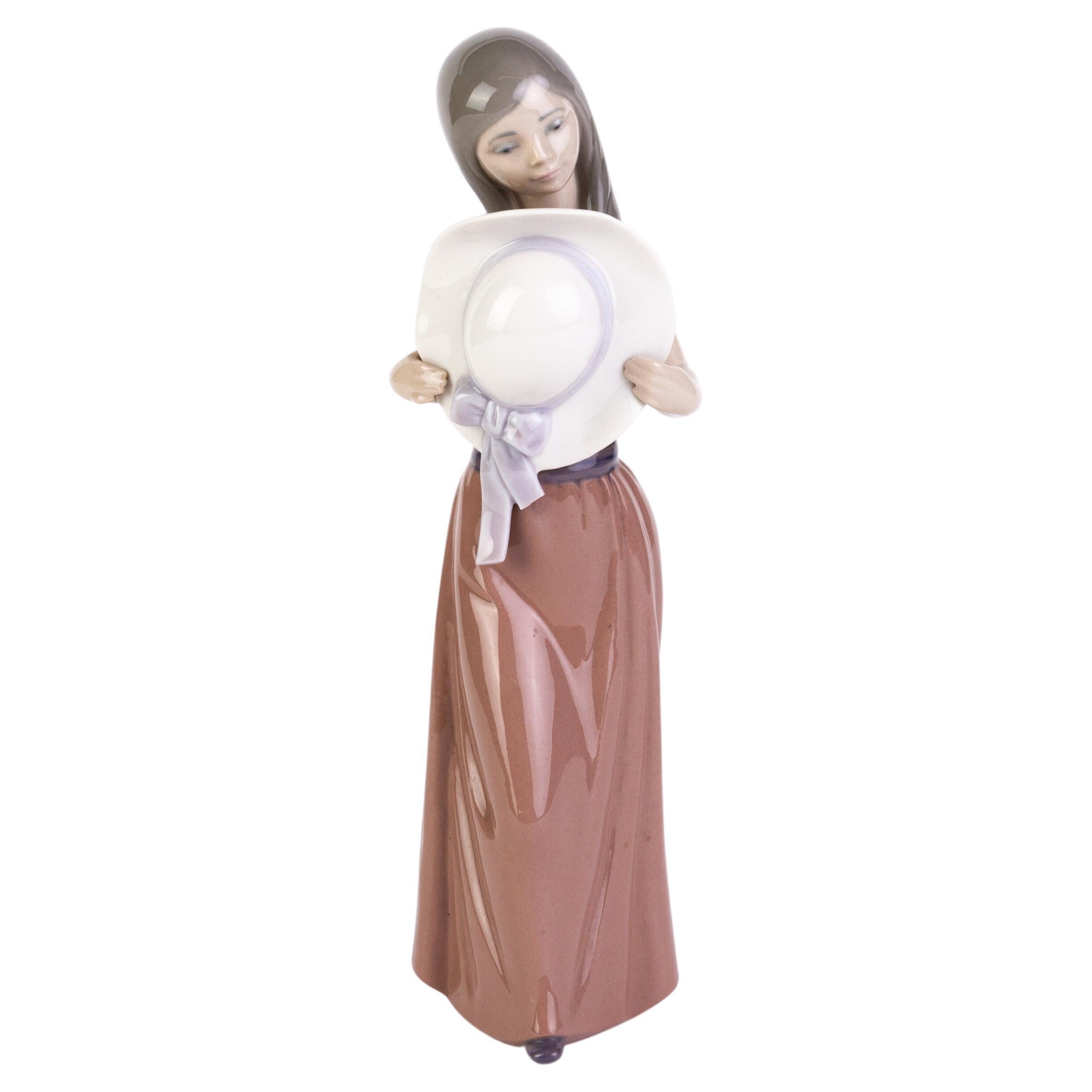 Retired Lladro Fine Porcelain Sculpture Figure "Bashful Girl with Hat" 5007 For Sale