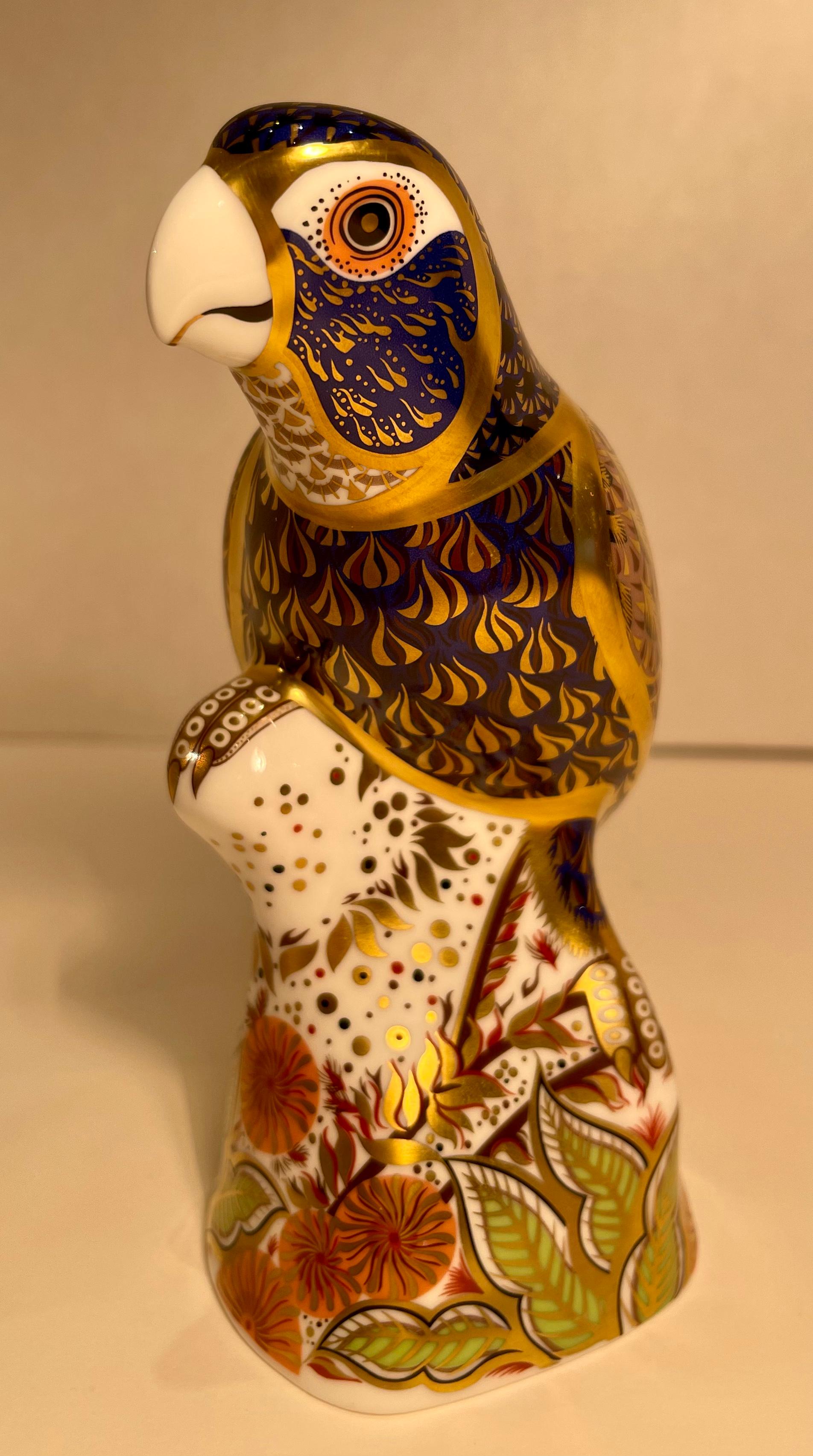 20th Century Retired Royal Crown Derby Fine English Bone China Parrot Figurine or Paperweight For Sale