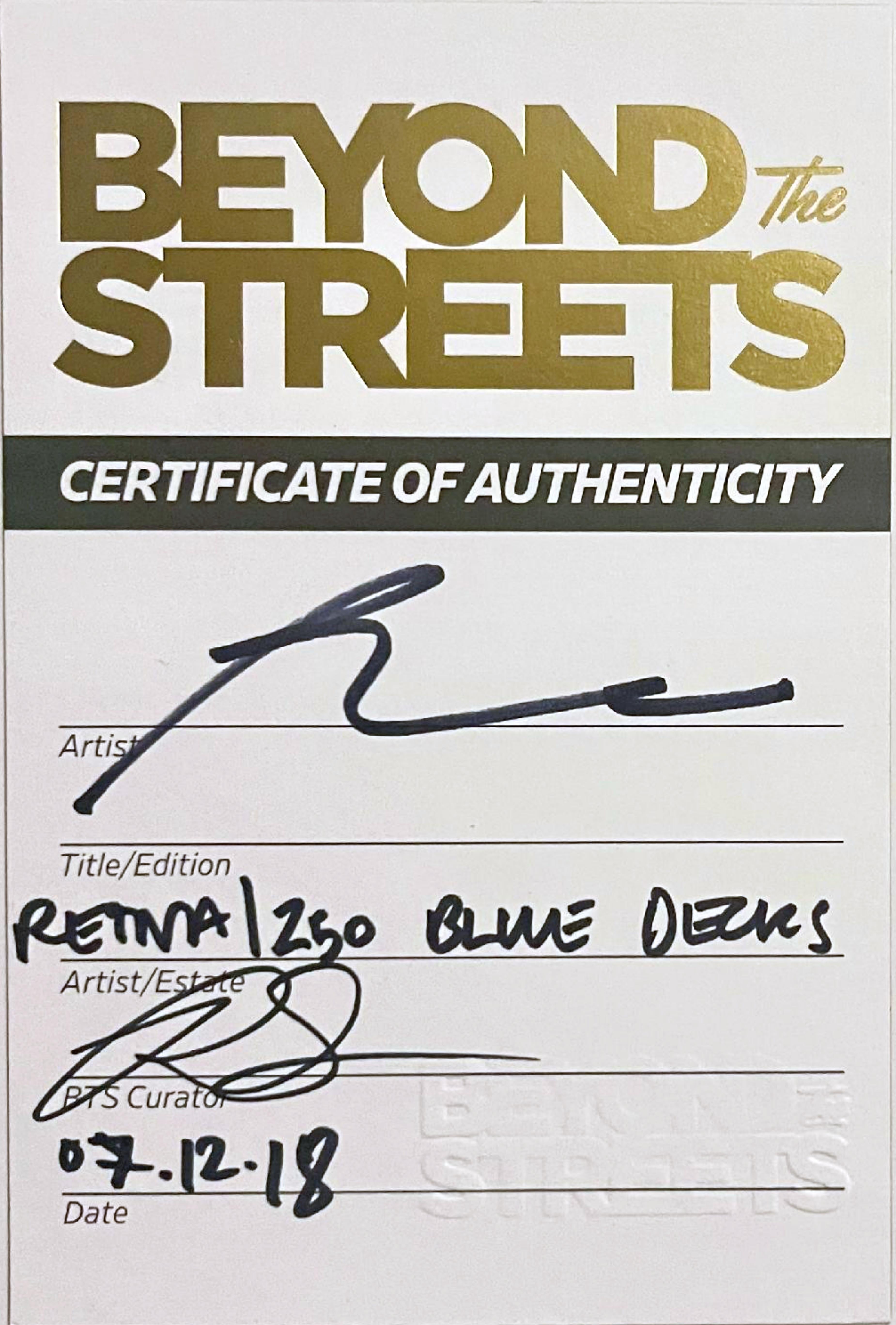 RETNA
Skateboard Skate deck (Blue with green back -and embossed COA hand signed by RETNA, 2018
Silkscreen on Maplewood skate deck. Accompanied by Hand signed Certificate of Authenticity on Embossed Letterhead.
32 × 8 1/2 inches
Edition of