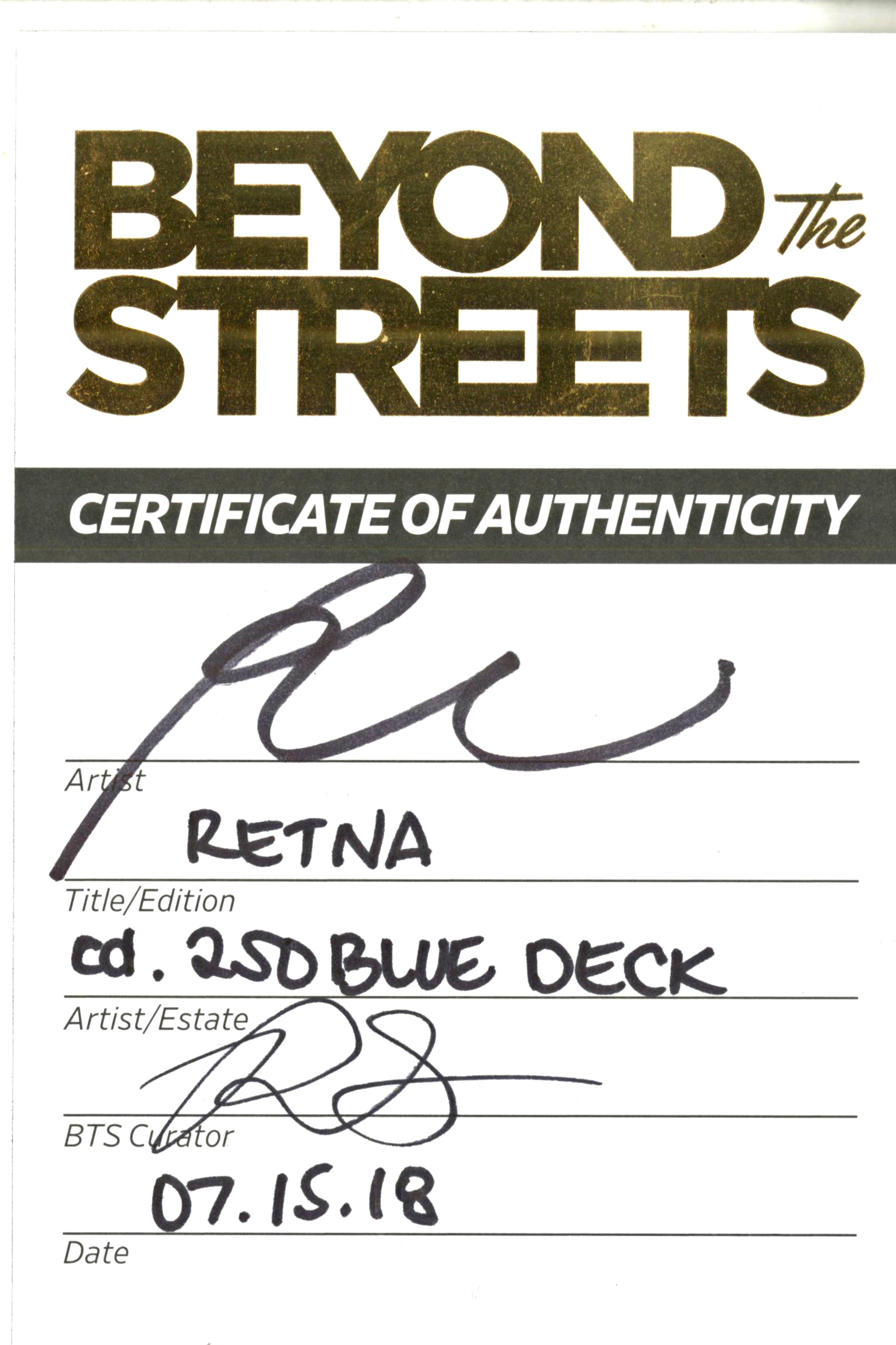 RETNA
Skateboard Skate deck (Blue with green back -and embossed COA hand signed by RETNA, 2018
Silkscreen on Maplewood skate deck. Accompanied by Hand signed Certificate of Authenticity on Embossed Letterhead.
32 × 8 1/2 inches
Edition of