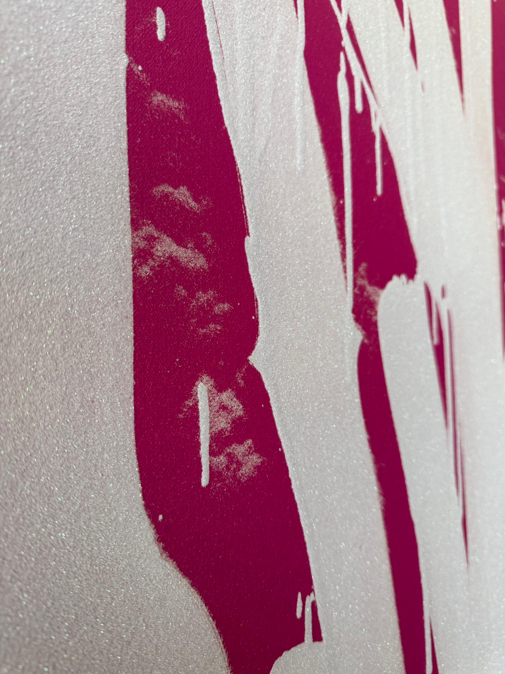 Created just recently in 2025 with enamel and crystalline on canvas, this piece marks a refined and unexpected turn in RETNA’s practice. Set against a radiant pink background, his distinctive script unfolds in pastel purple crystalline forms that