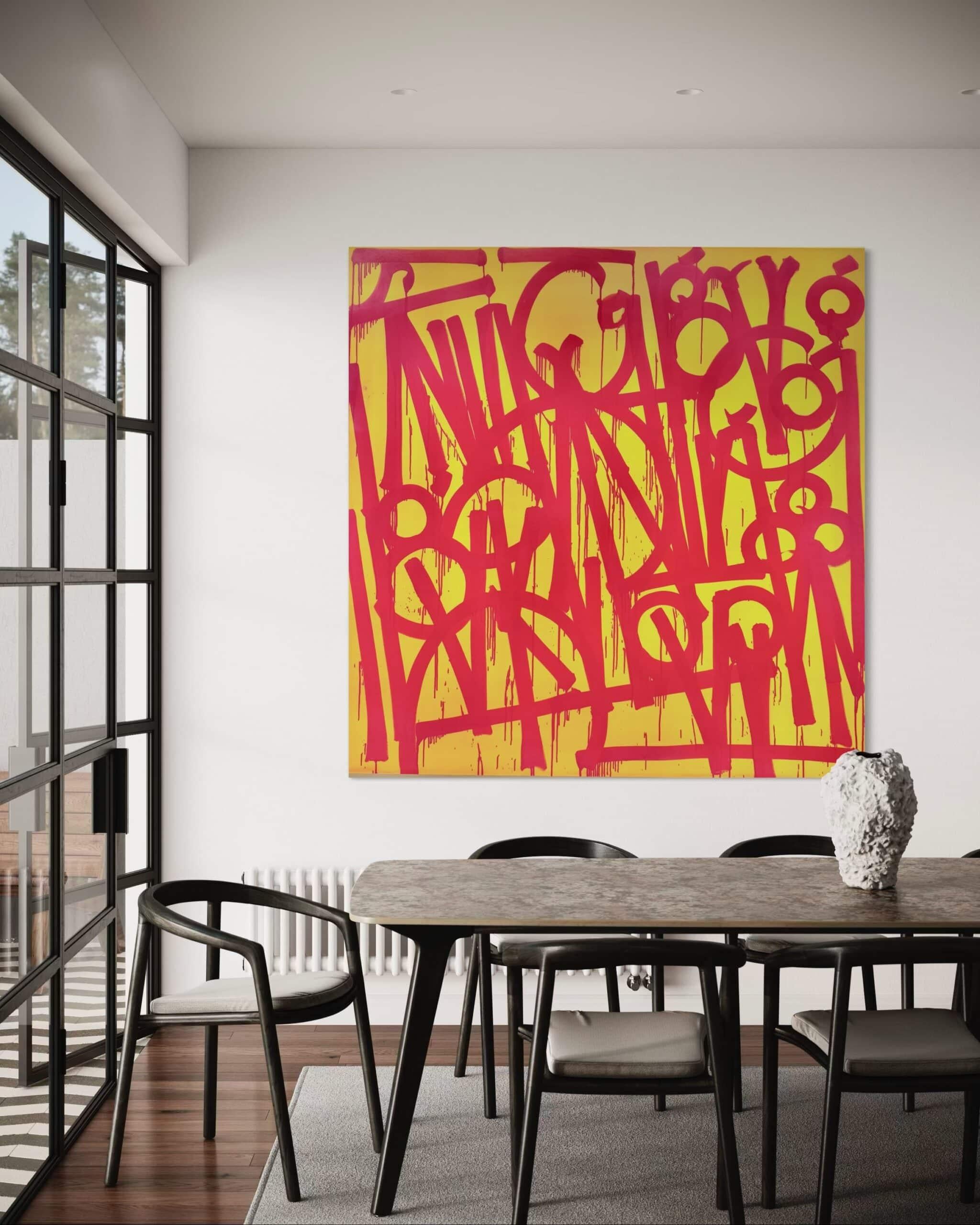 In this electrifying composition, RETNA pushes the boundaries of urban calligraphy with a radiant yellow canvas ignited by strokes of hot pink. Fresh from the studio, this newly completed work by RETNA is a luminous declaration of color, language,