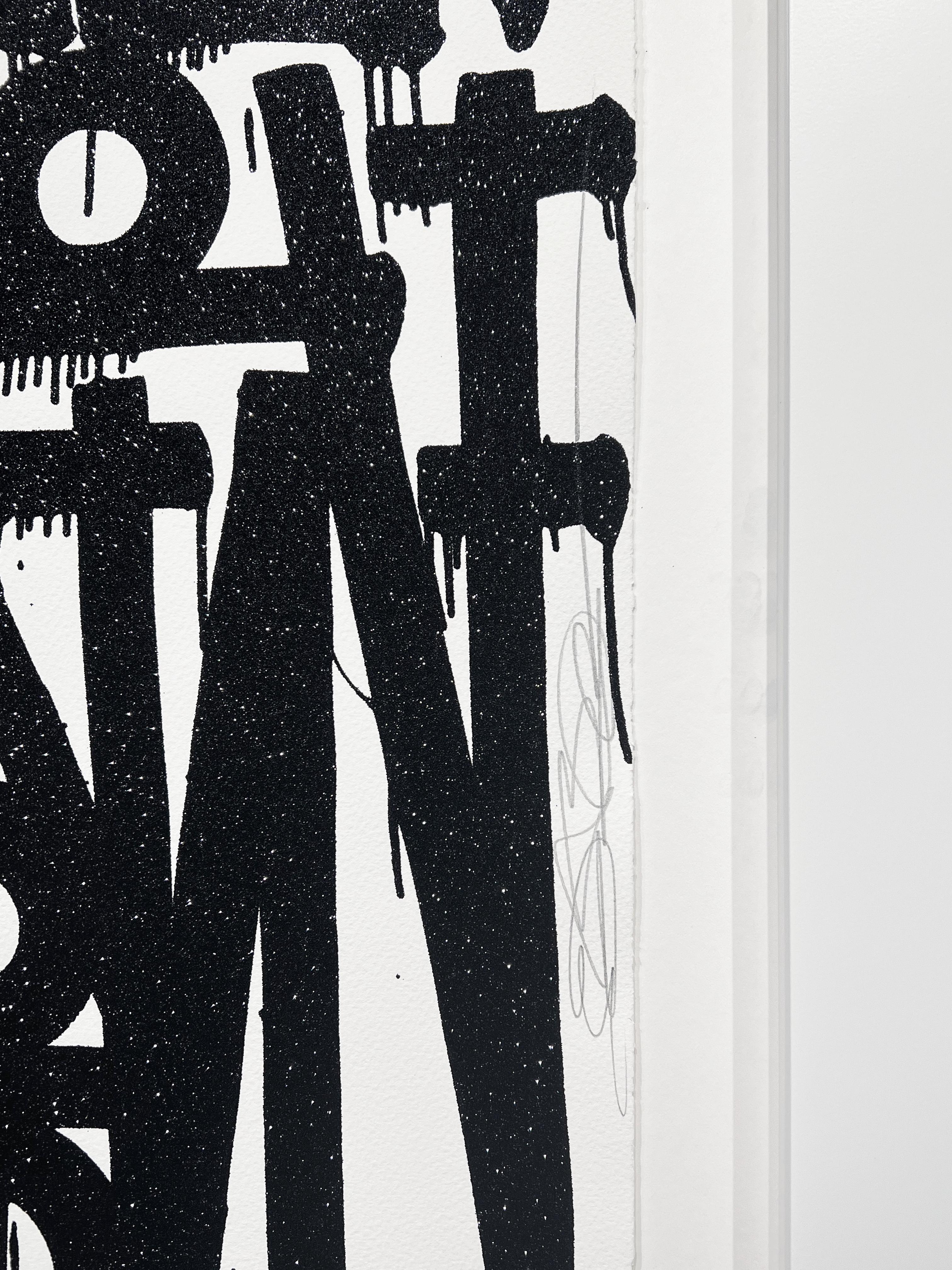 'EVEN THE HEART SKIPS A BEAT' Abstract Silkscreen Print with Diamond Dust, 2024 - Black Abstract Print by RETNA