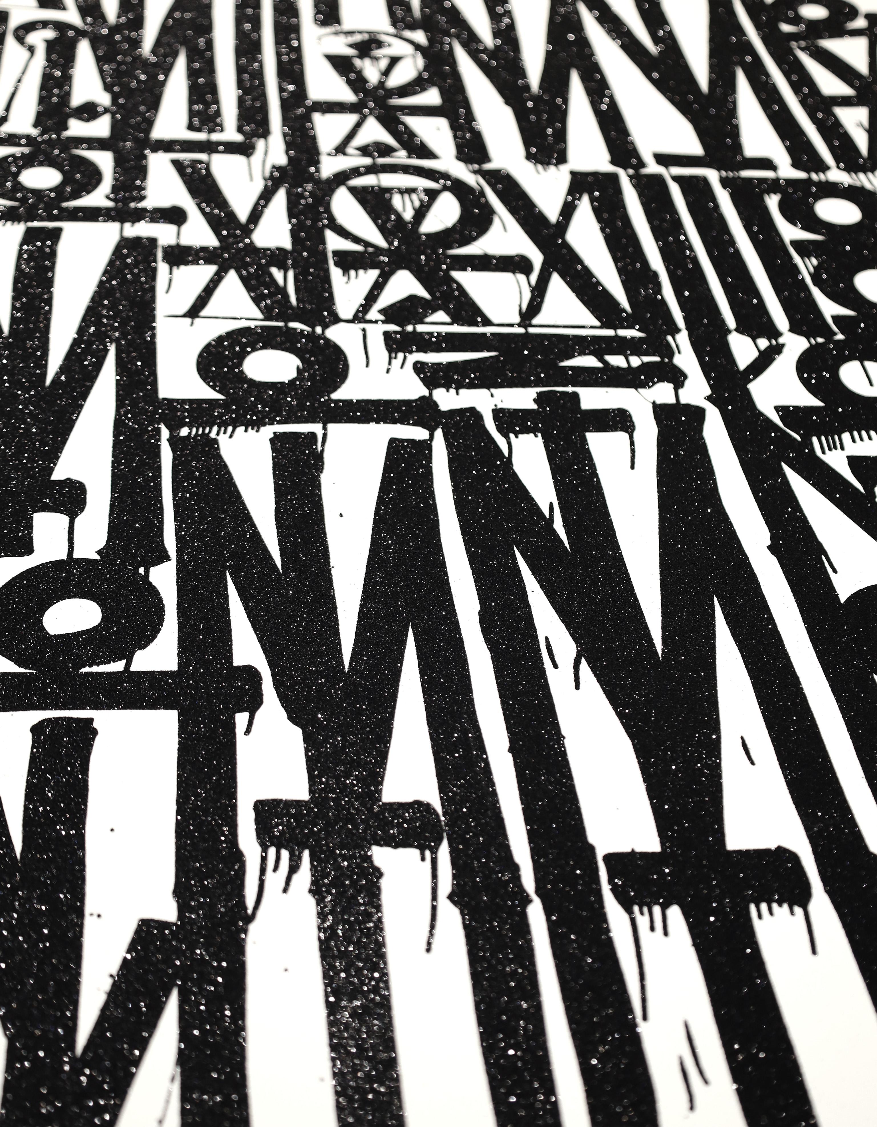 'EVEN THE HEART SKIPS A BEAT' is a signature stylistic print by RETNA. The large-scale glittering artwork is a silkscreen print with layers of genuine diamond dust.  This exquisite piece is created in a limited edition of only 99 in existence.