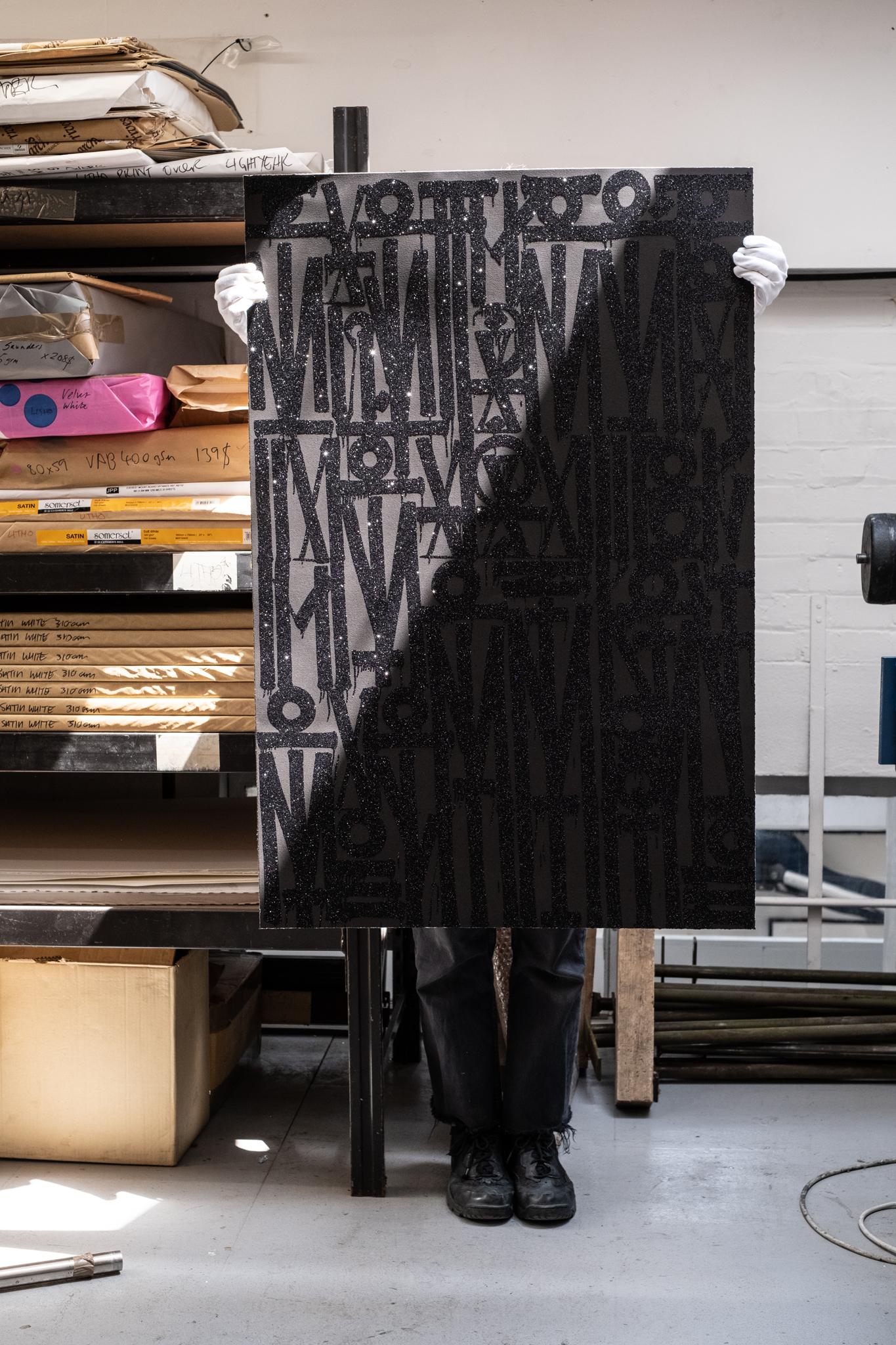 'EVEN THE HEART SKIPS A BEAT' (Black on Black) is a signature stylistic print by RETNA. The large-scale glittering artwork is a silkscreen print with layers of genuine diamond dust. This exquisite piece is created in a limited edition of only 99 in