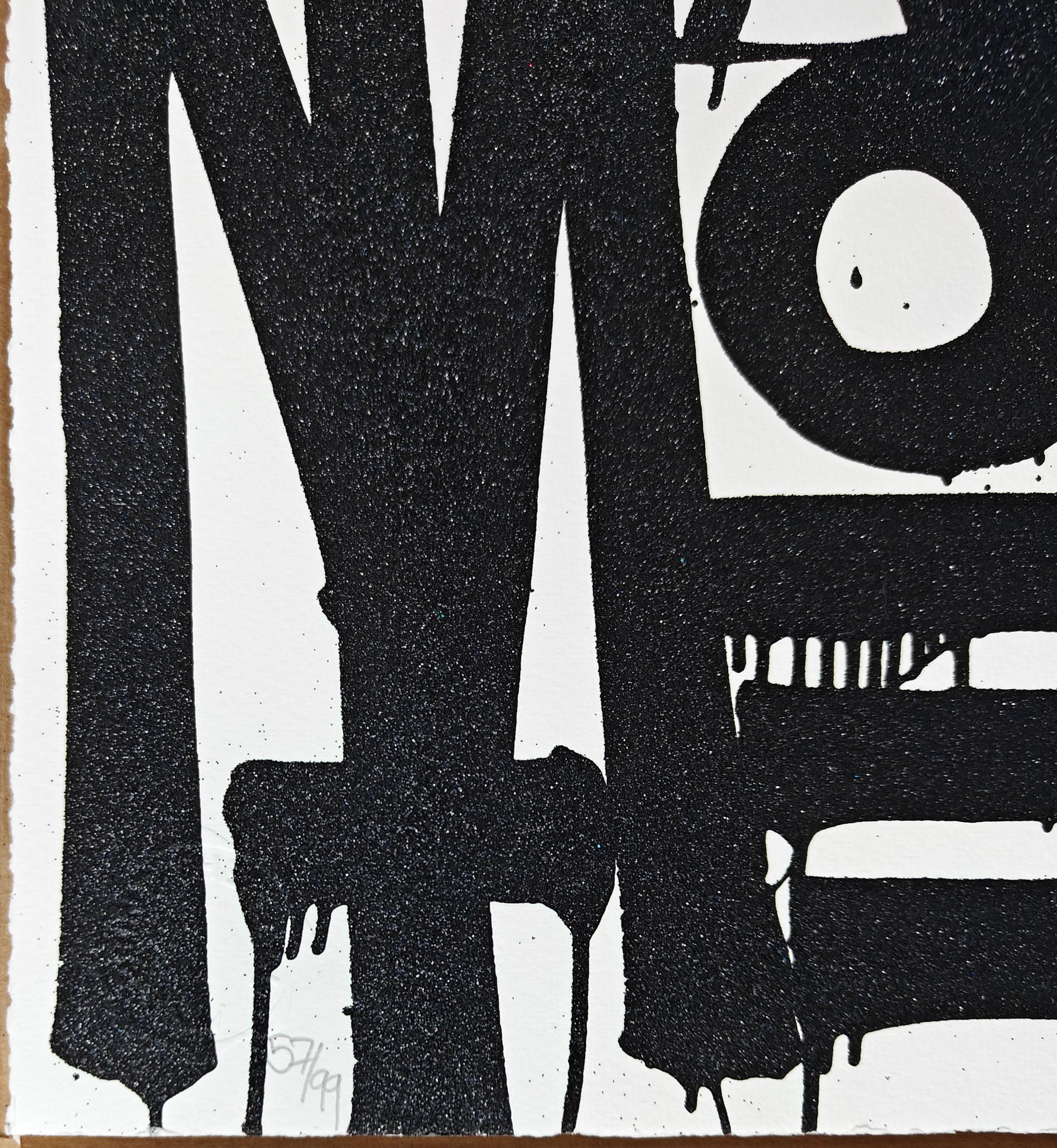 Rare set with matching numbers. Only 99 of each produced. Another amazing release by Retna, with his well known style. A must for any modern collector. 2-color screenprint with glitter added by hand, hand cut on Somerset Rad white velvet 330gsm.