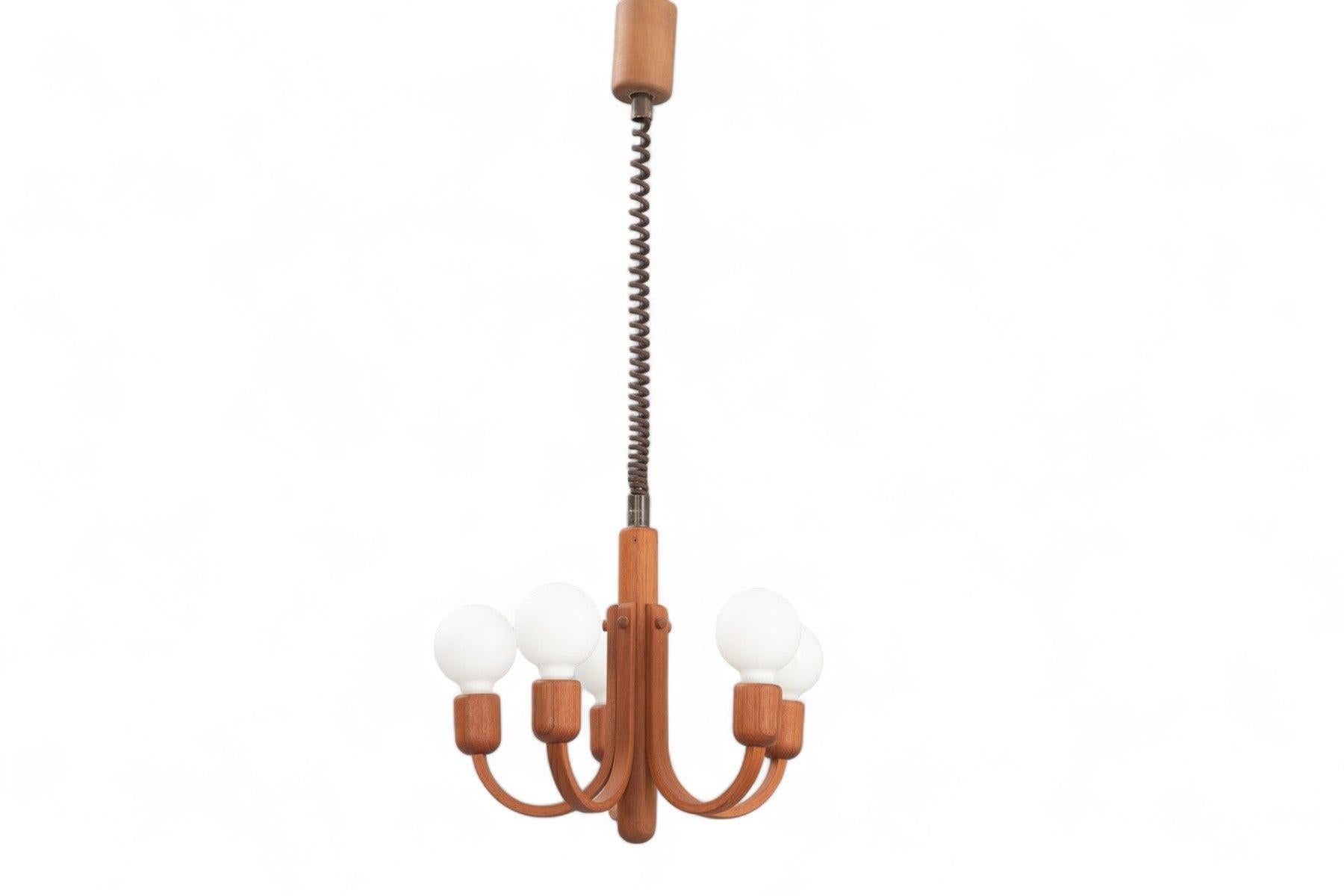 Mid-Century Modern Retractable Five Point Teak Chandelier by Domus For Sale