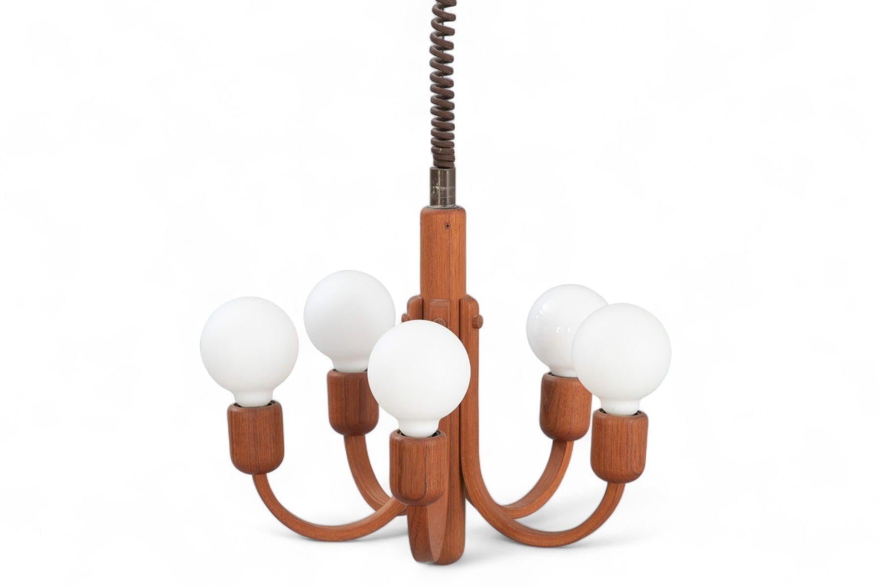 Danish Retractable Five Point Teak Chandelier by Domus For Sale