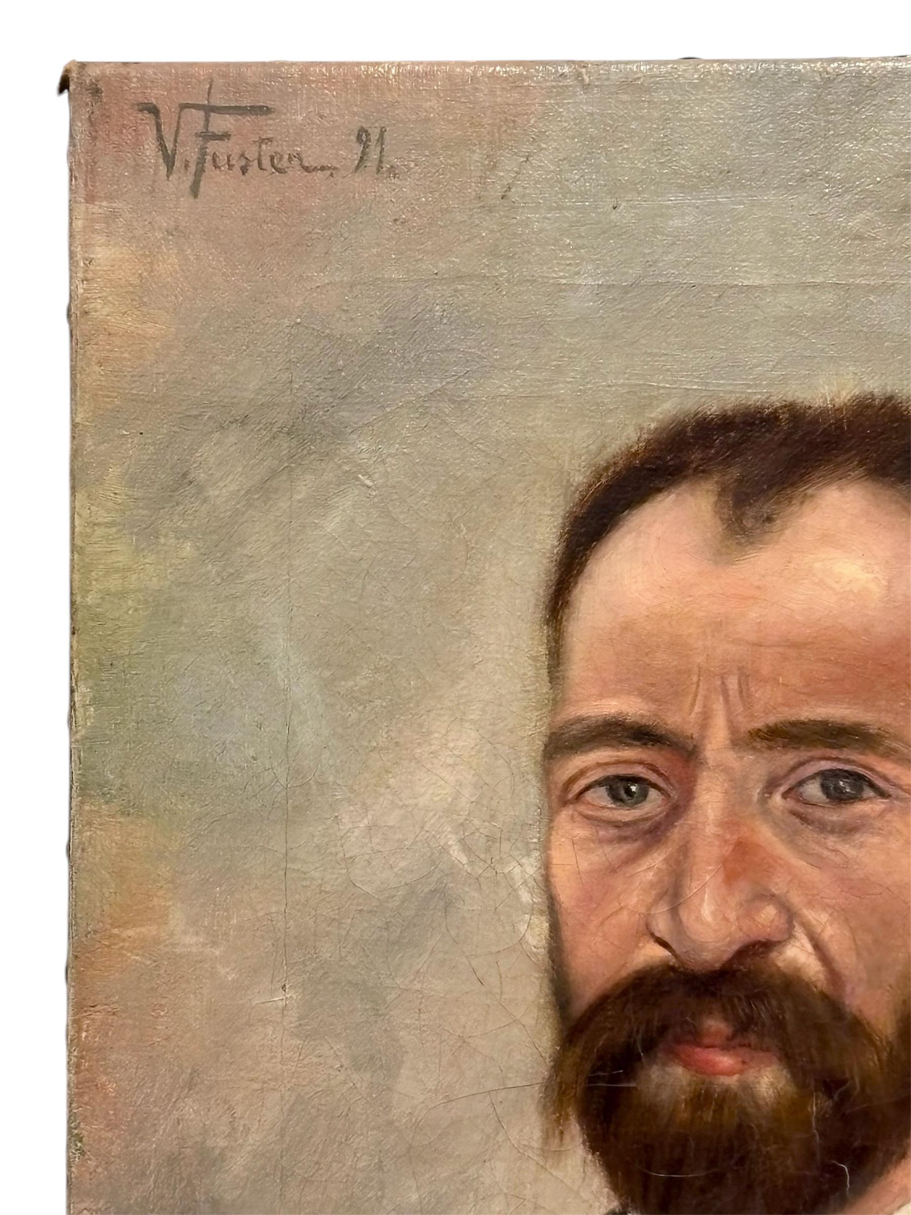 Retrato masculino Circa 1.890, en oleo sobre lienzo fijado en los laterales con tachas de la época. Firmado por V. Fuster. 