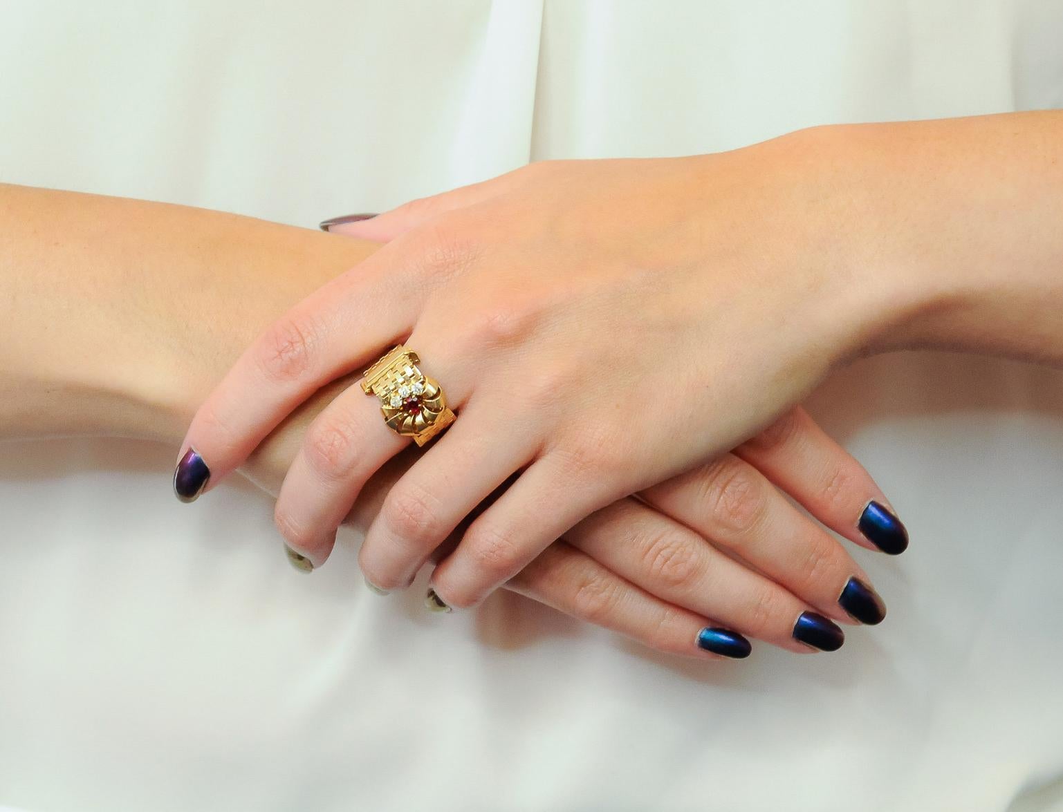 Retro 0.40 Carat Diamond Ruby 14 Karat Gold Buckle Ring 8