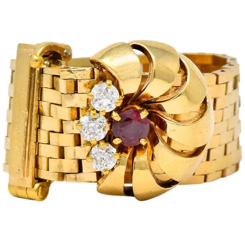 Retro 0.40 Carat Diamond Ruby 14 Karat Gold Buckle Ring