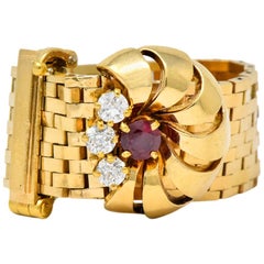 Retro 0.40 Carat Diamond Ruby 14 Karat Gold Buckle Ring