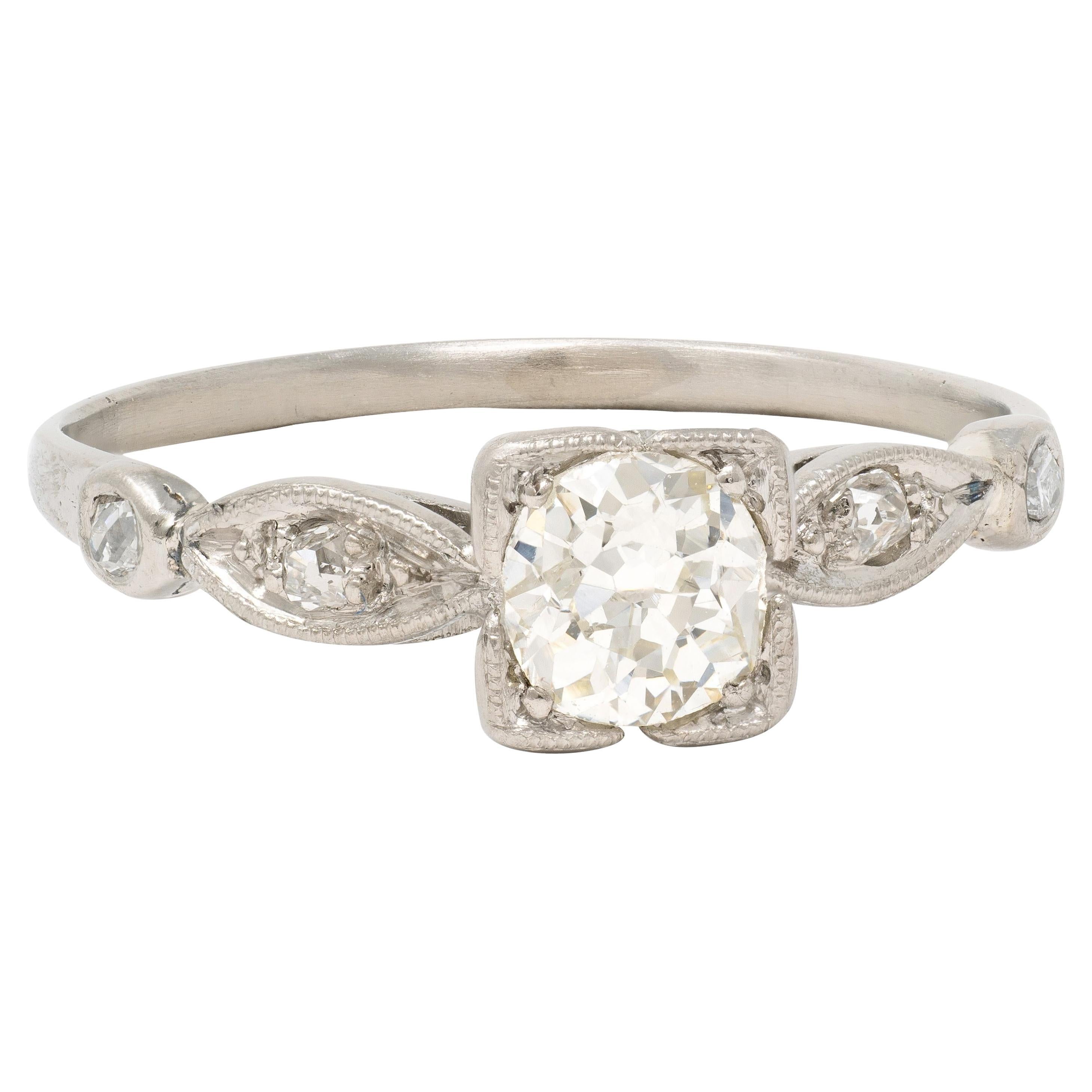 Retro 0.43 CTW Old Mine Diamond 18 Karat White Gold Vintage Engagement Ring