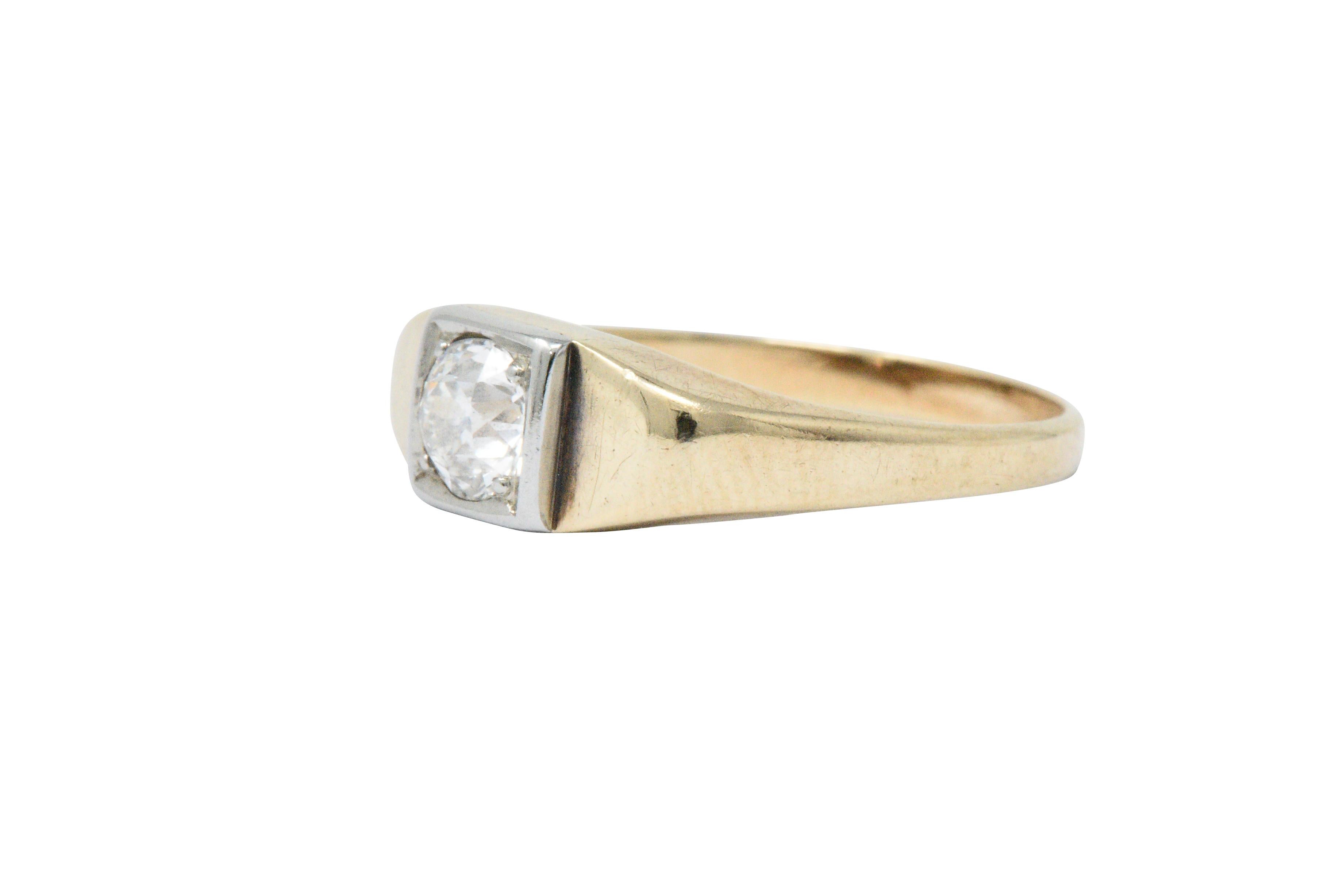 Retro 0.45 Carat Diamond Platinum and 14 Karat Gold Solitaire Engagement Ring In Excellent Condition In Philadelphia, PA