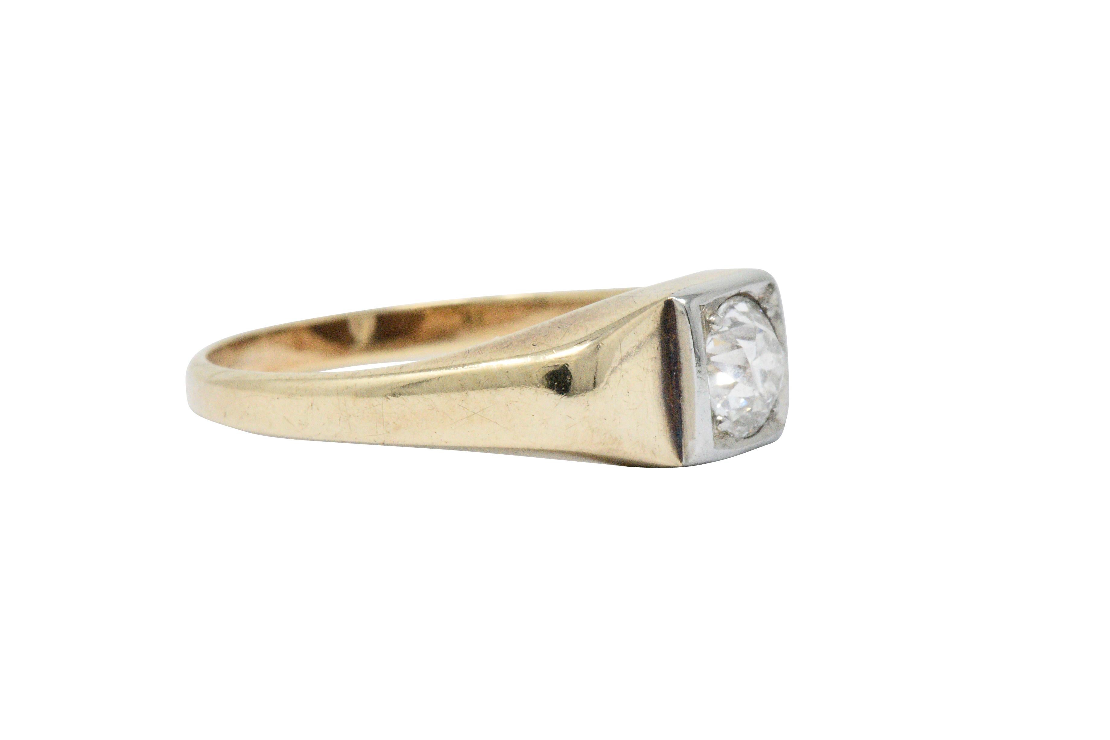 Women's or Men's Retro 0.45 Carat Diamond Platinum and 14 Karat Gold Solitaire Engagement Ring