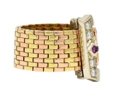 Retro 0.45 Carat Ruby Diamond 14 Karat Tri-Colored Gold Buckle Ring