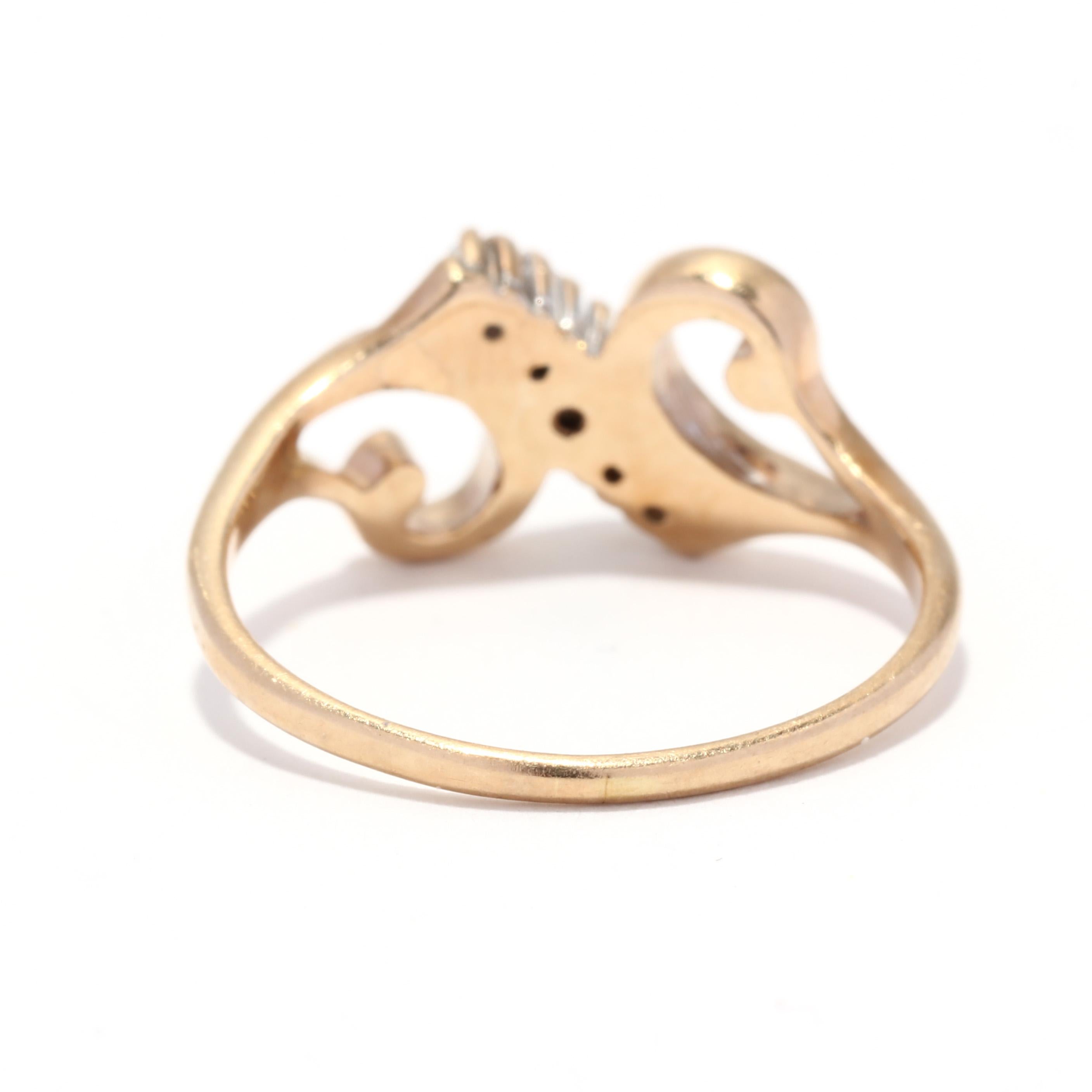 Round Cut Retro .04ctw Diamond Swirl Ring, 10K Gold, Gold Scroll Ring For Sale