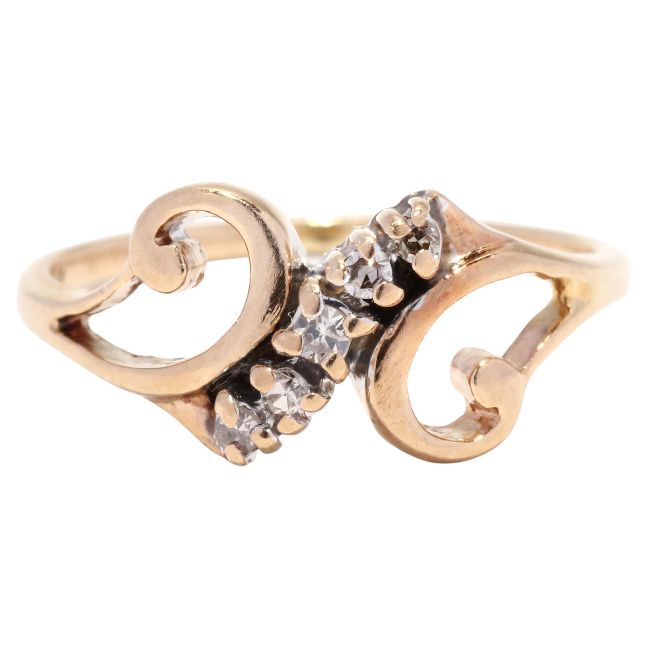Retro .04ctw Diamond Swirl Ring, 10K Gold, Gold Scroll Ring For Sale