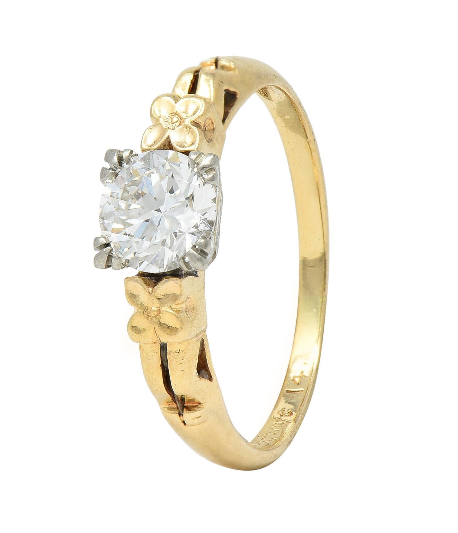 Retro 0.53 CTW European Cut Diamond 14 Karat Gold Blossom Engagement Ring For Sale 2