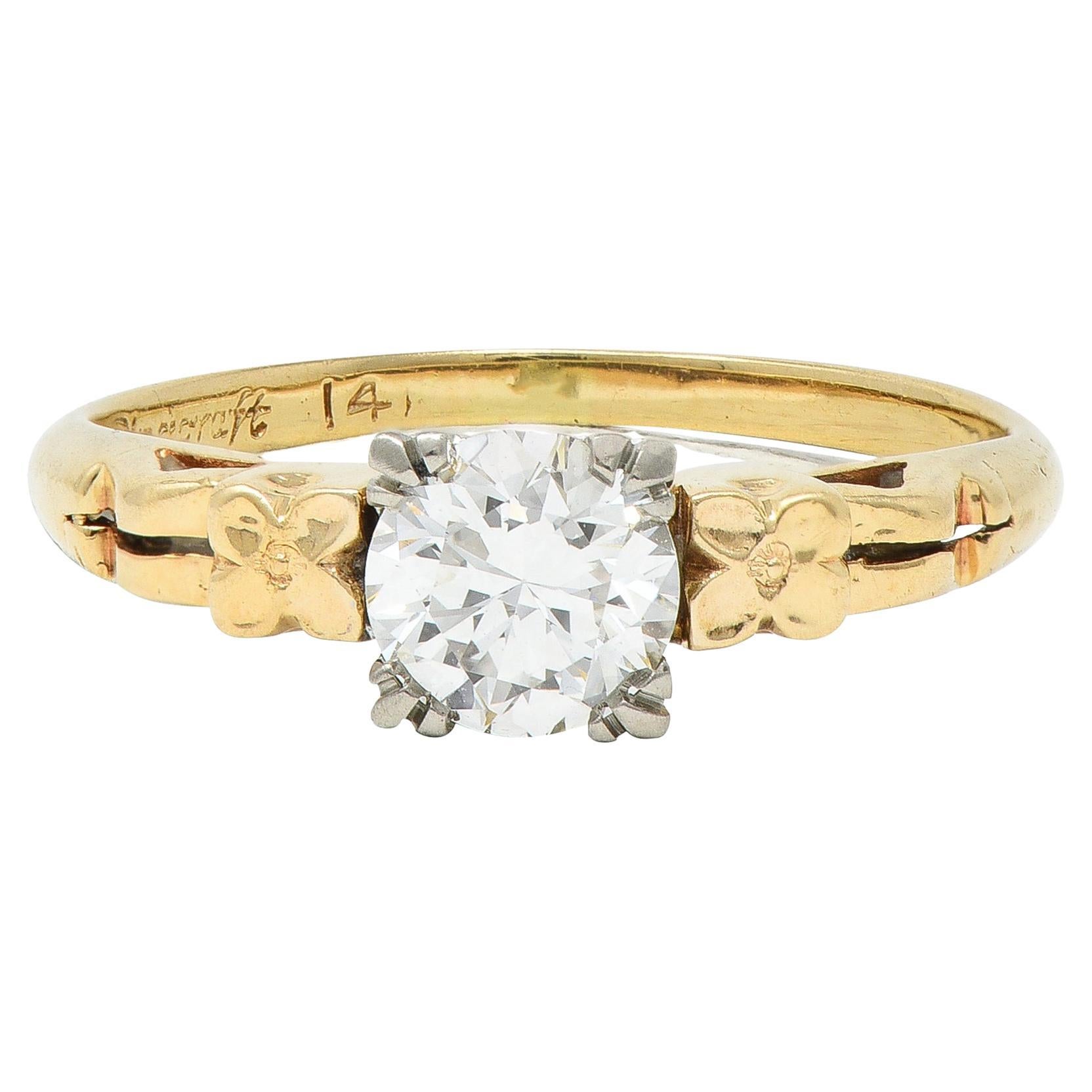 Retro 0.53 CTW European Cut Diamond 14 Karat Gold Blossom Engagement Ring For Sale