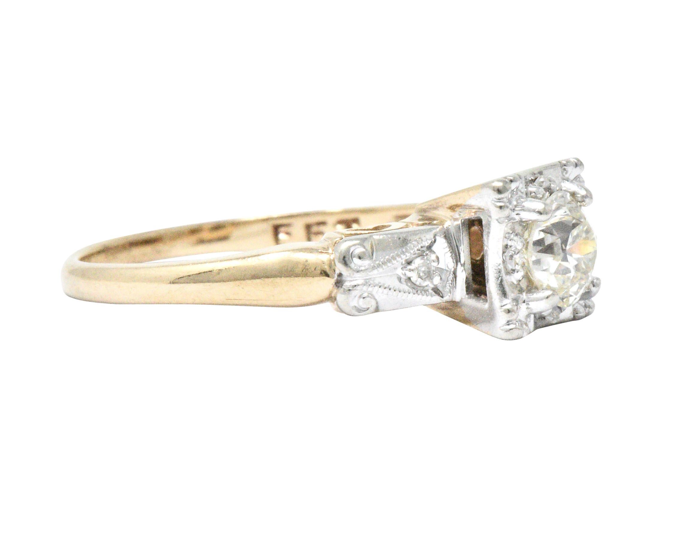 Retro 0.55 Carat Diamond Platinum-Topped 14 Karat Gold Engagement Ring In Excellent Condition In Philadelphia, PA