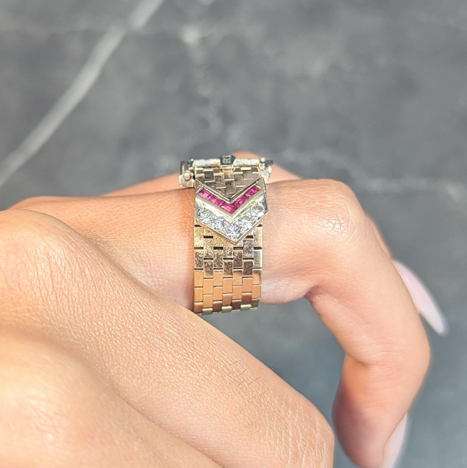 Retro 0.56 CTW Diamond 14 Karat Two-Tone Gold Vintage Mesh Buckle Ring 9