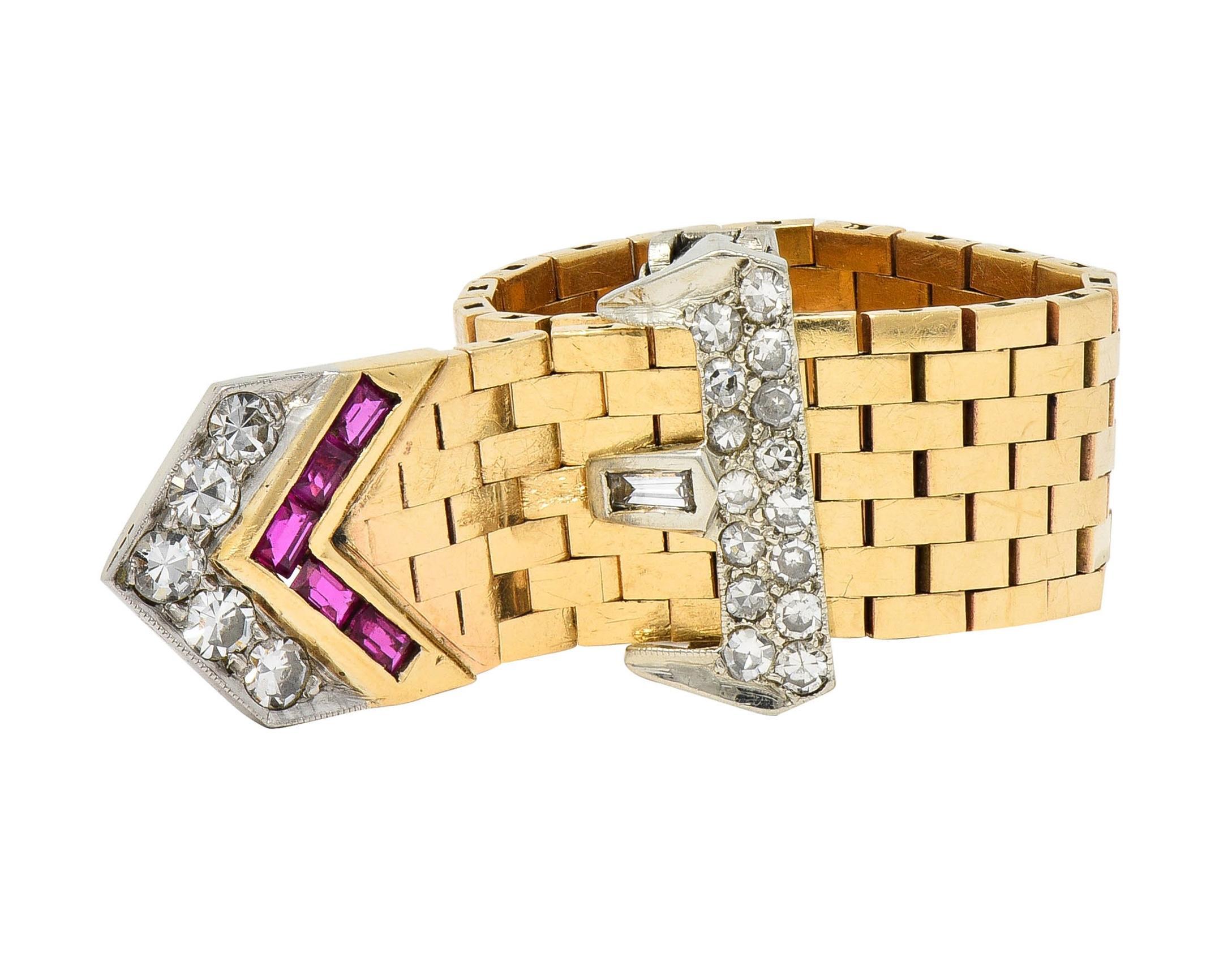 Baguette Cut Retro 0.56 CTW Diamond 14 Karat Two-Tone Gold Vintage Mesh Buckle Ring