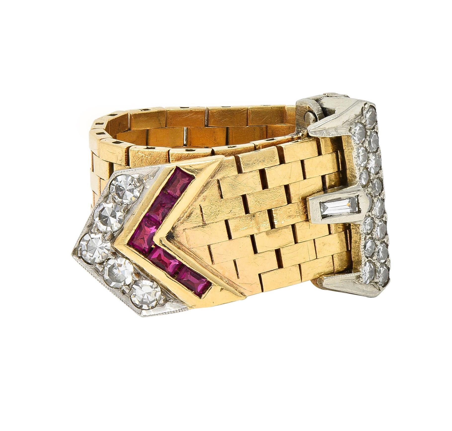 Retro 0.56 CTW Diamond 14 Karat Two-Tone Gold Vintage Mesh Buckle Ring In Excellent Condition In Philadelphia, PA