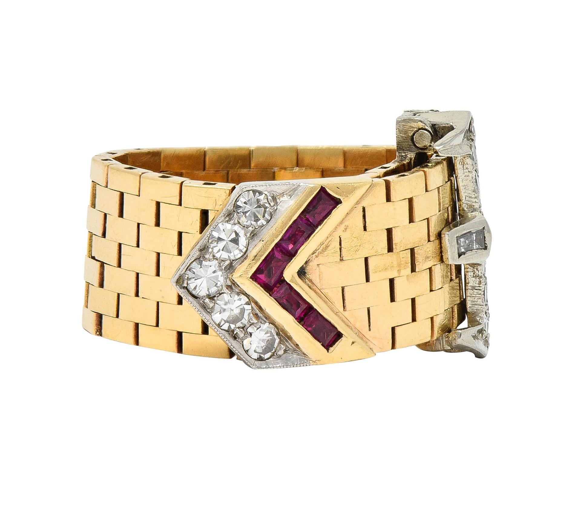 Women's or Men's Retro 0.56 CTW Diamond 14 Karat Two-Tone Gold Vintage Mesh Buckle Ring