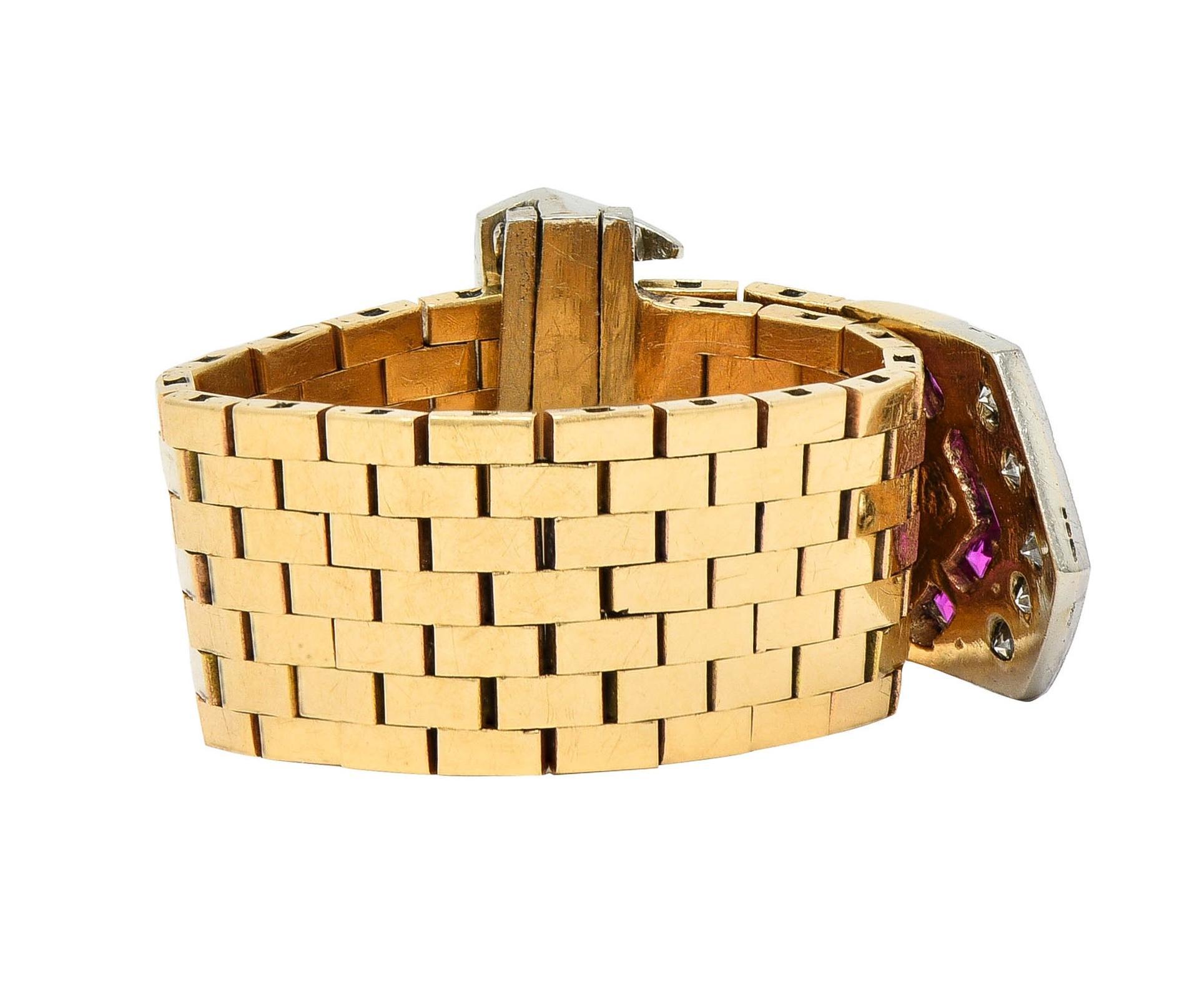 Retro 0.56 CTW Diamond 14 Karat Two-Tone Gold Vintage Mesh Buckle Ring 1
