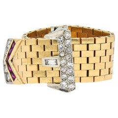Retro 0.56 CTW Diamond 14 Karat Two-Tone Gold Vintage Mesh Buckle Ring