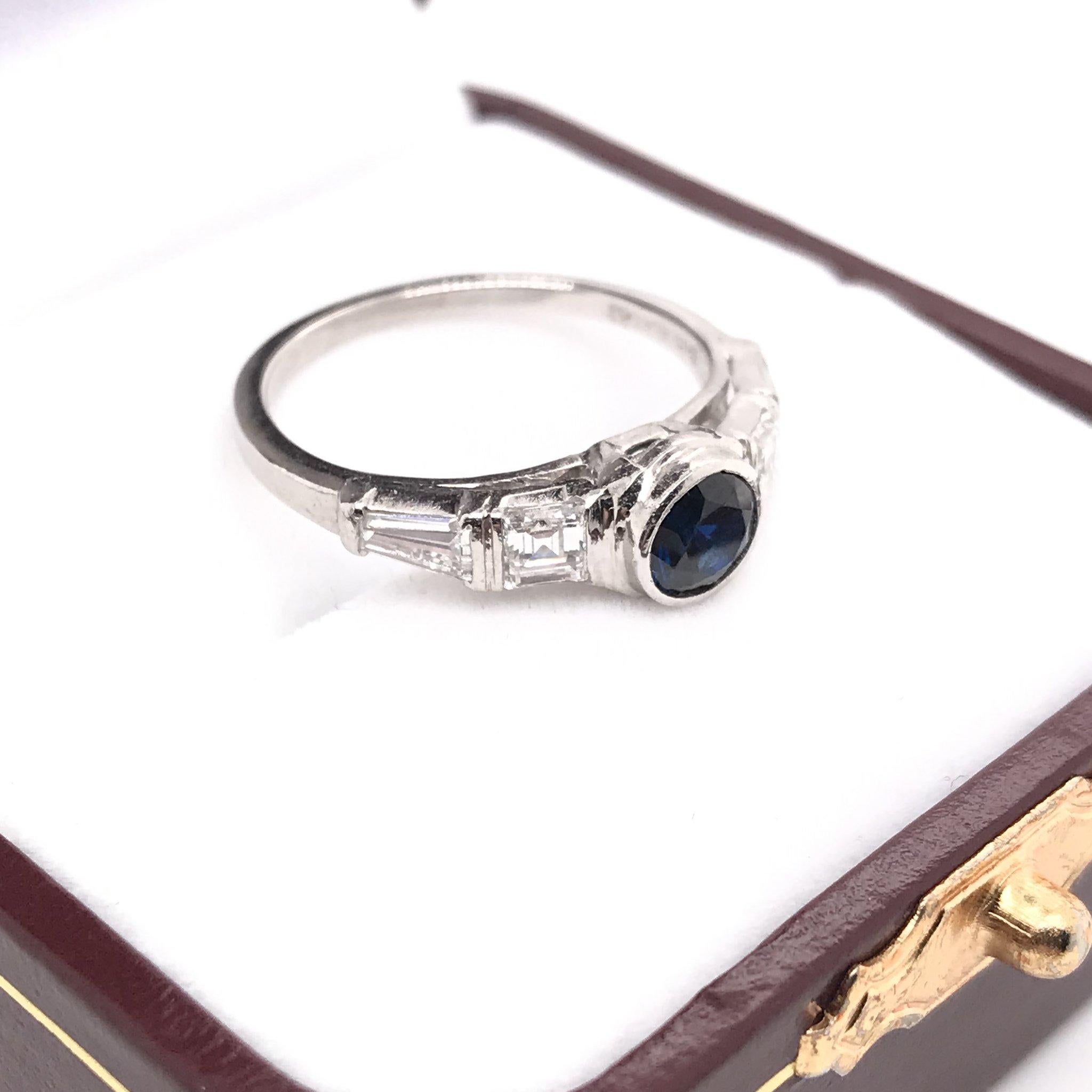 Retro 0.57 Carat Blue Sapphire & Diamond Platinum Ring Asscher Cut Diamonds 5