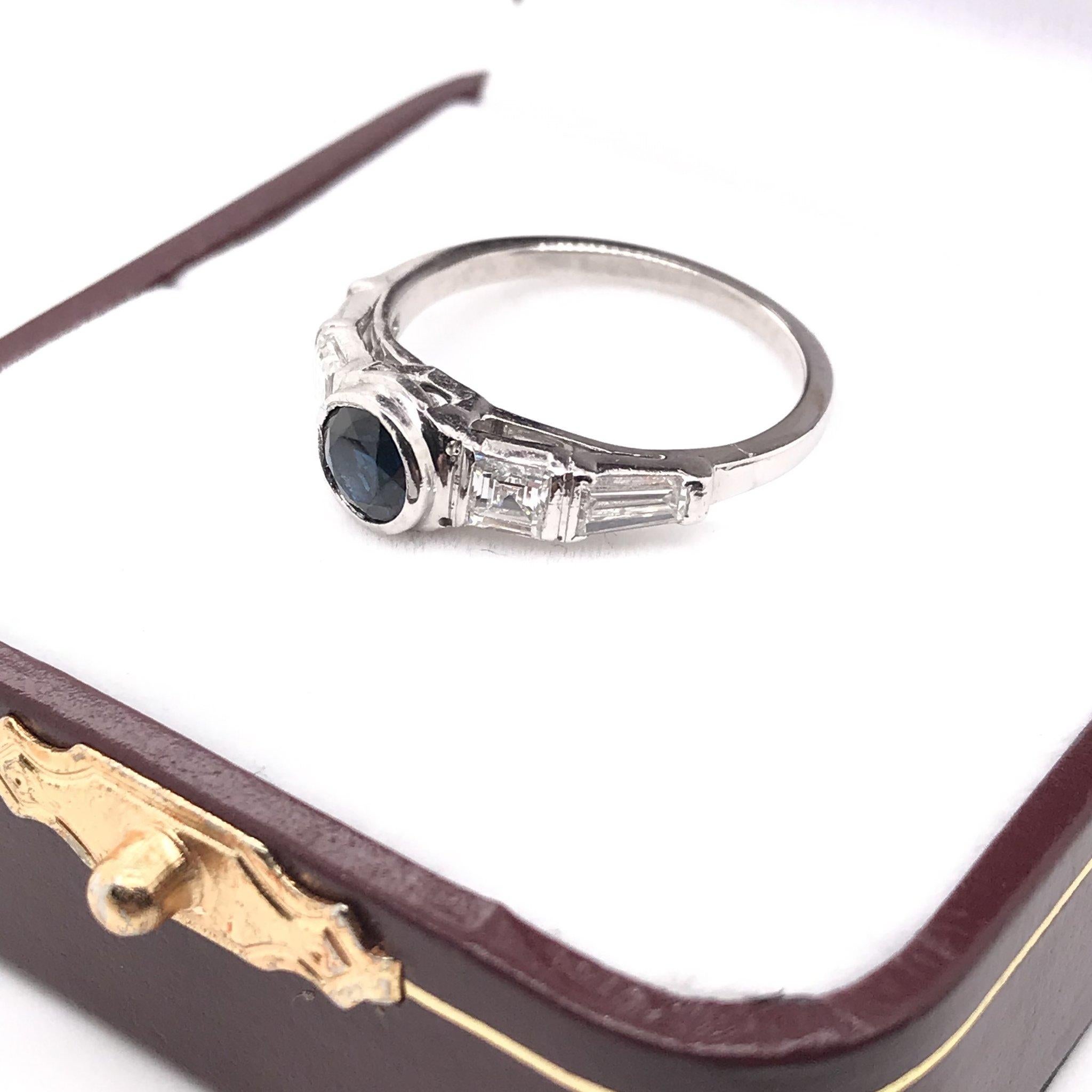Retro 0.57 Carat Blue Sapphire & Diamond Platinum Ring Asscher Cut Diamonds 4