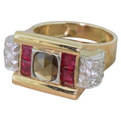 Retro 0.59 Carat Fancy Brown Rose Cut Diamond and Ruby Ring
