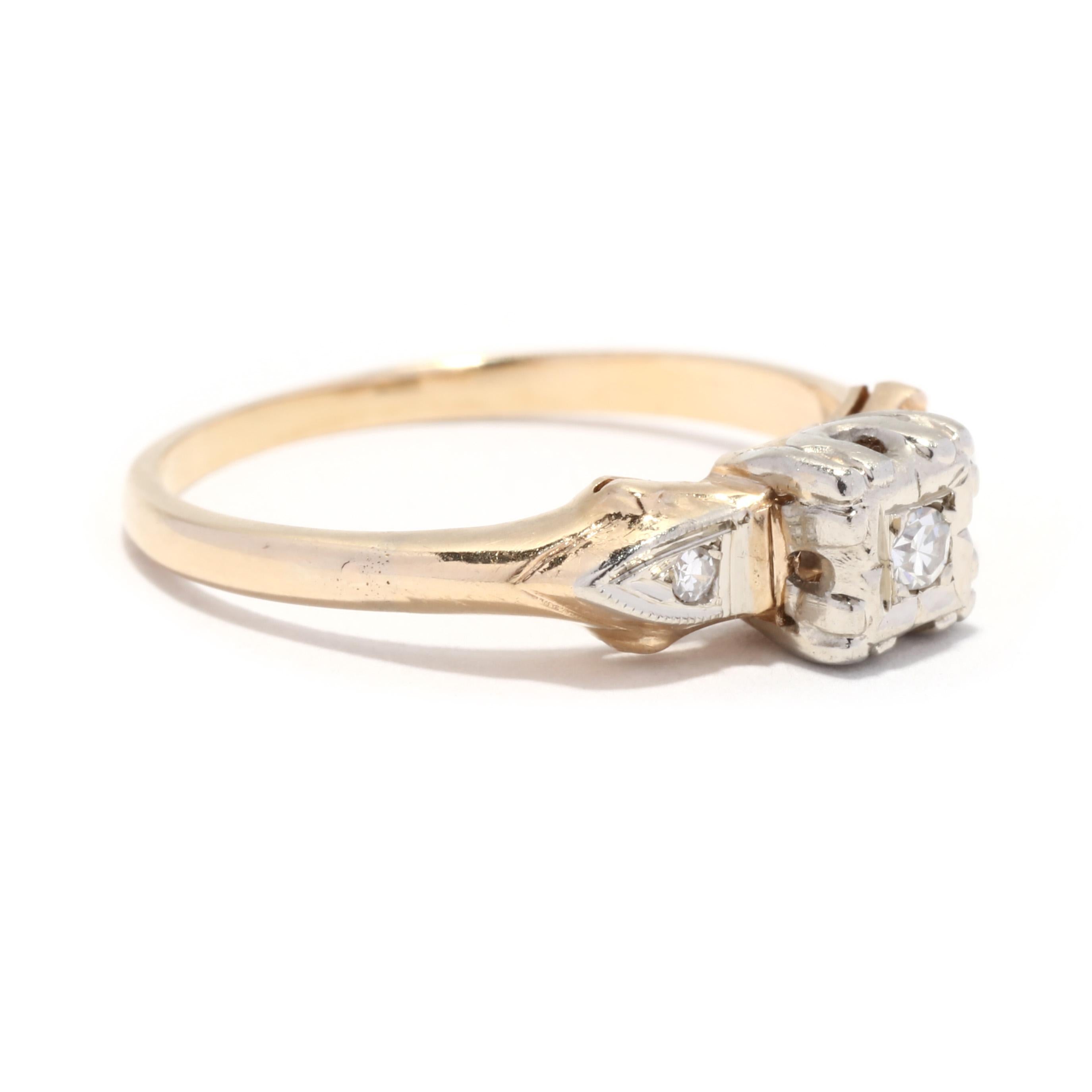 A retro 14 karat yellow gold diamond engagement ring. This stackable ring features a three stone design set with single cut round diamonds weighing approximately .05 total carats, with white gold and milgrain accents and a tapered band.

Stones:
-