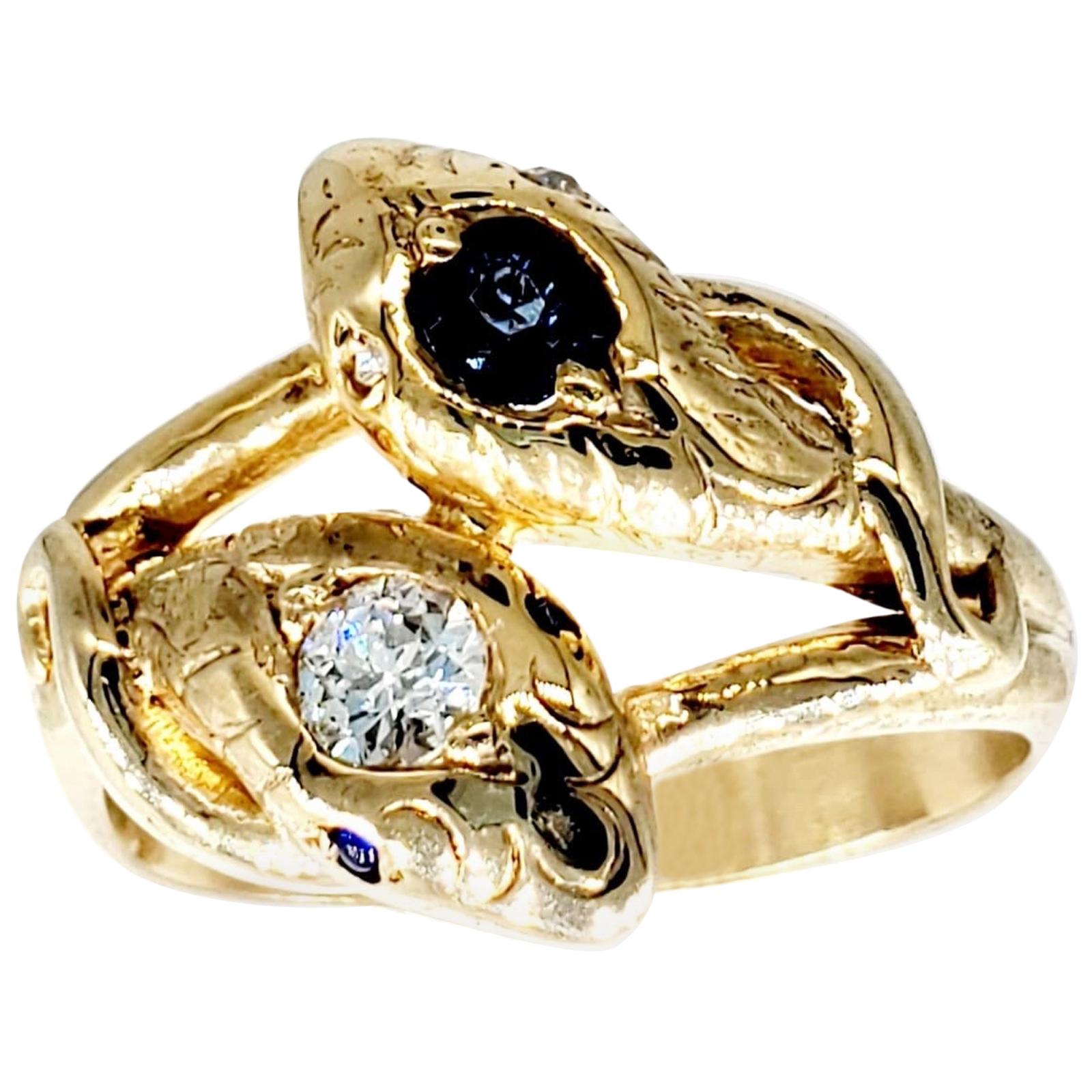Retro 0.60 Carat Diamond and Sapphire Snake Ring 18 Karat Gold For Sale