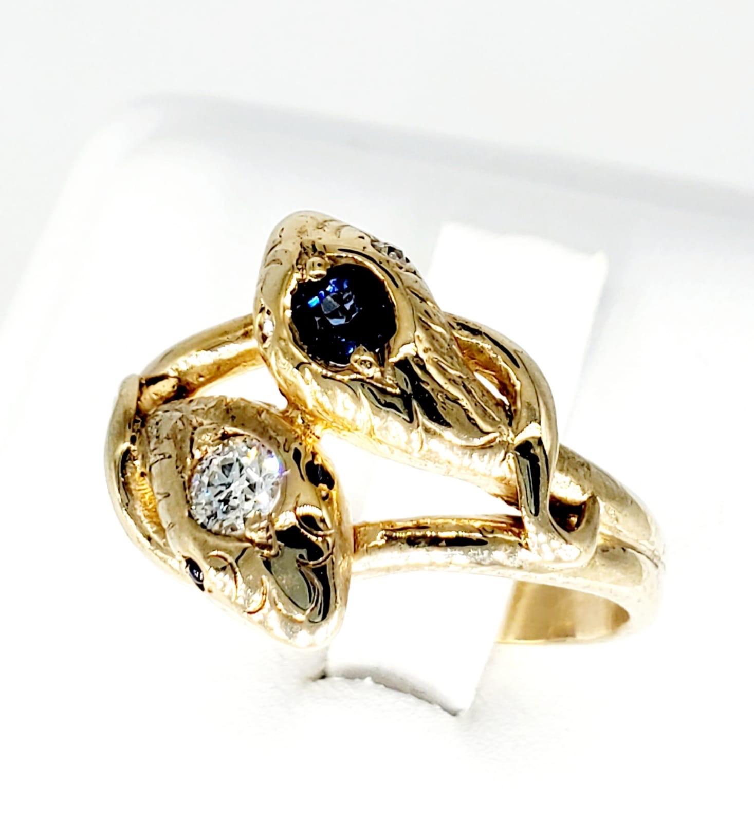 Old Mine Cut Retro 0.60 Carat Diamond and Sapphire Snake Ring 18 Karat Gold For Sale