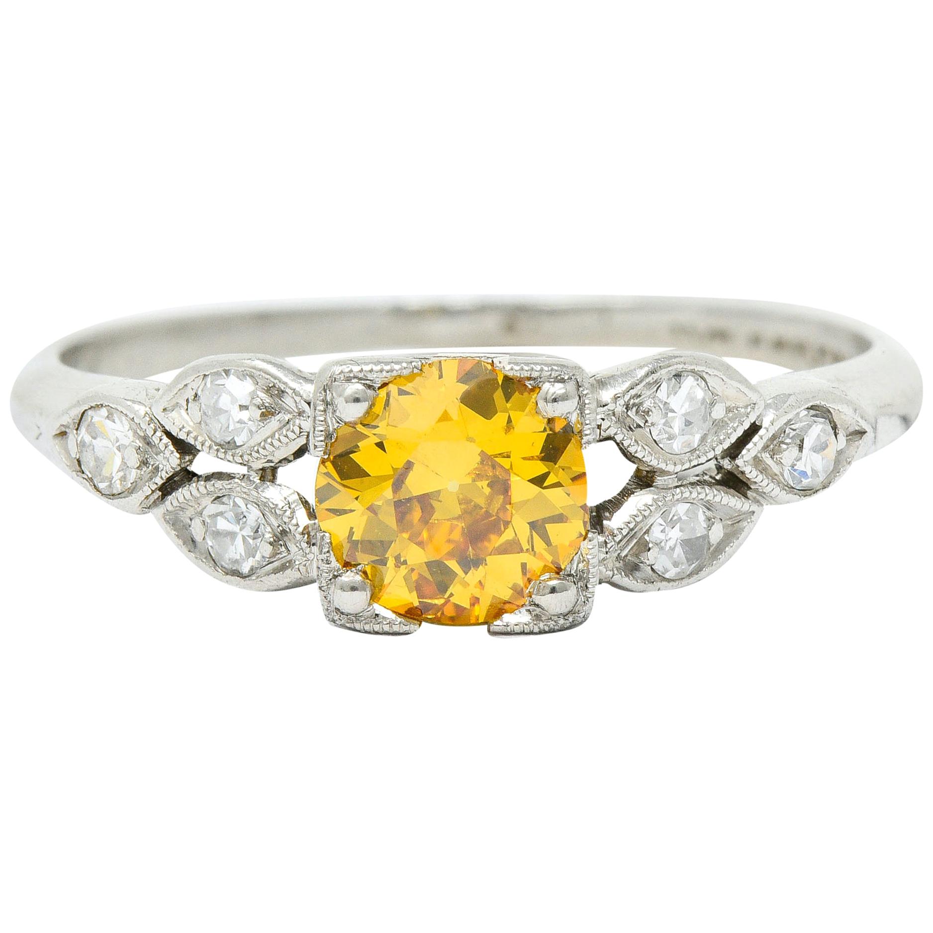 Retro 0.60 Carat Orange-Yellow and White Diamond Platinum Engagement Ring GIA
