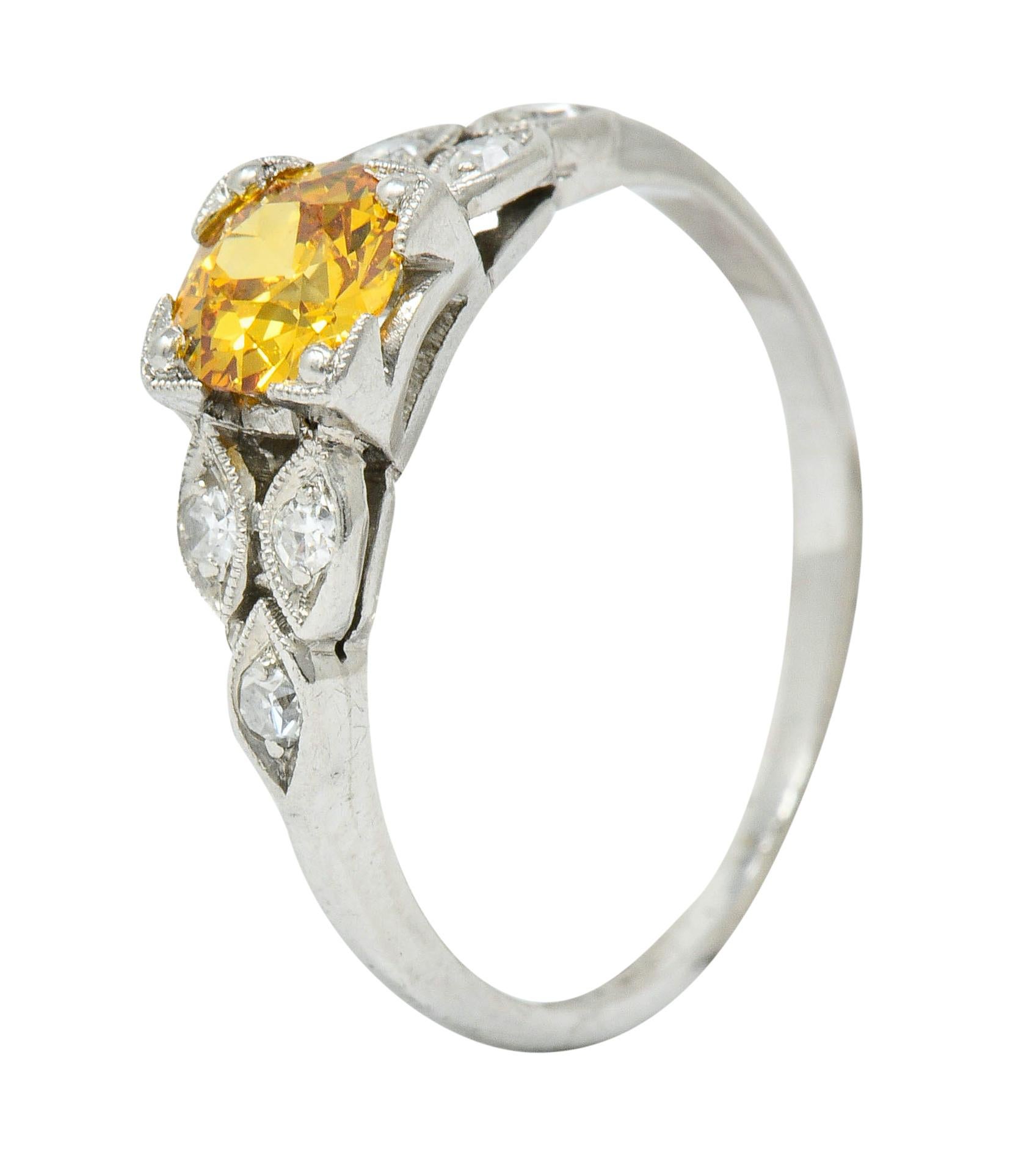 Retro 0.60 Carat Orange-Yellow and White Diamond Platinum Engagement Ring GIA 5