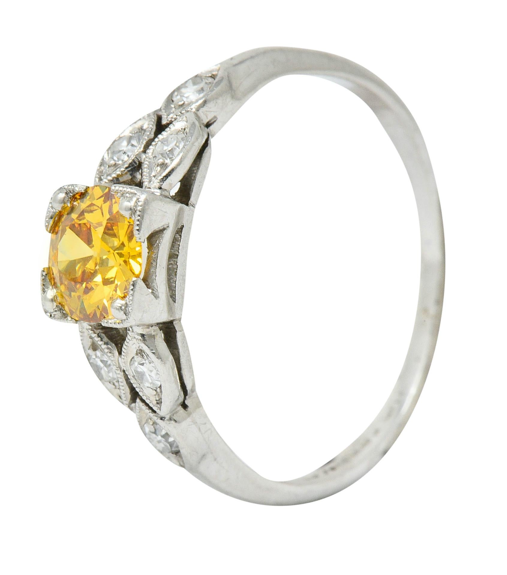 Retro 0.60 Carat Orange-Yellow and White Diamond Platinum Engagement Ring GIA 6