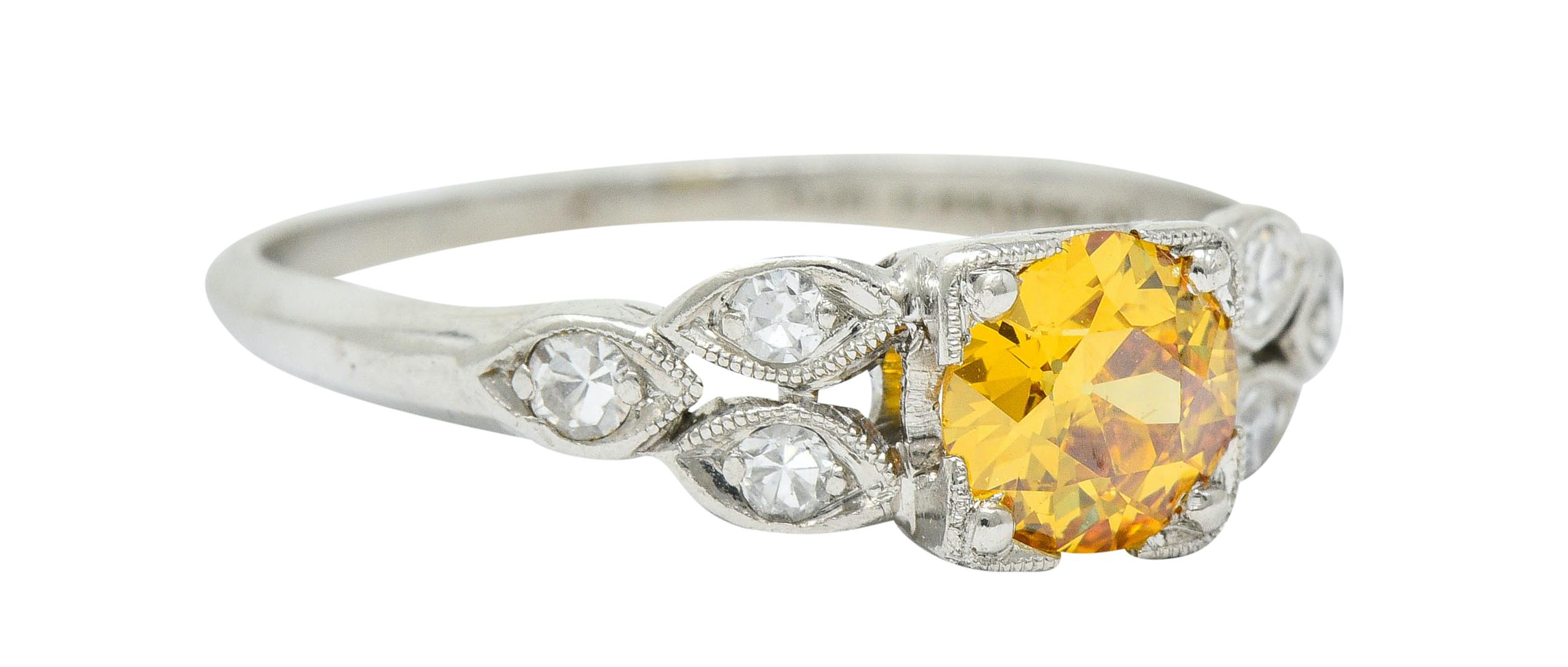 Old European Cut Retro 0.60 Carat Orange-Yellow and White Diamond Platinum Engagement Ring GIA