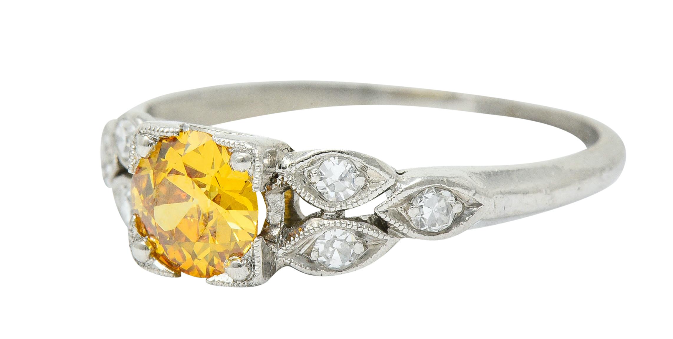 Retro 0.60 Carat Orange-Yellow and White Diamond Platinum Engagement Ring GIA 2